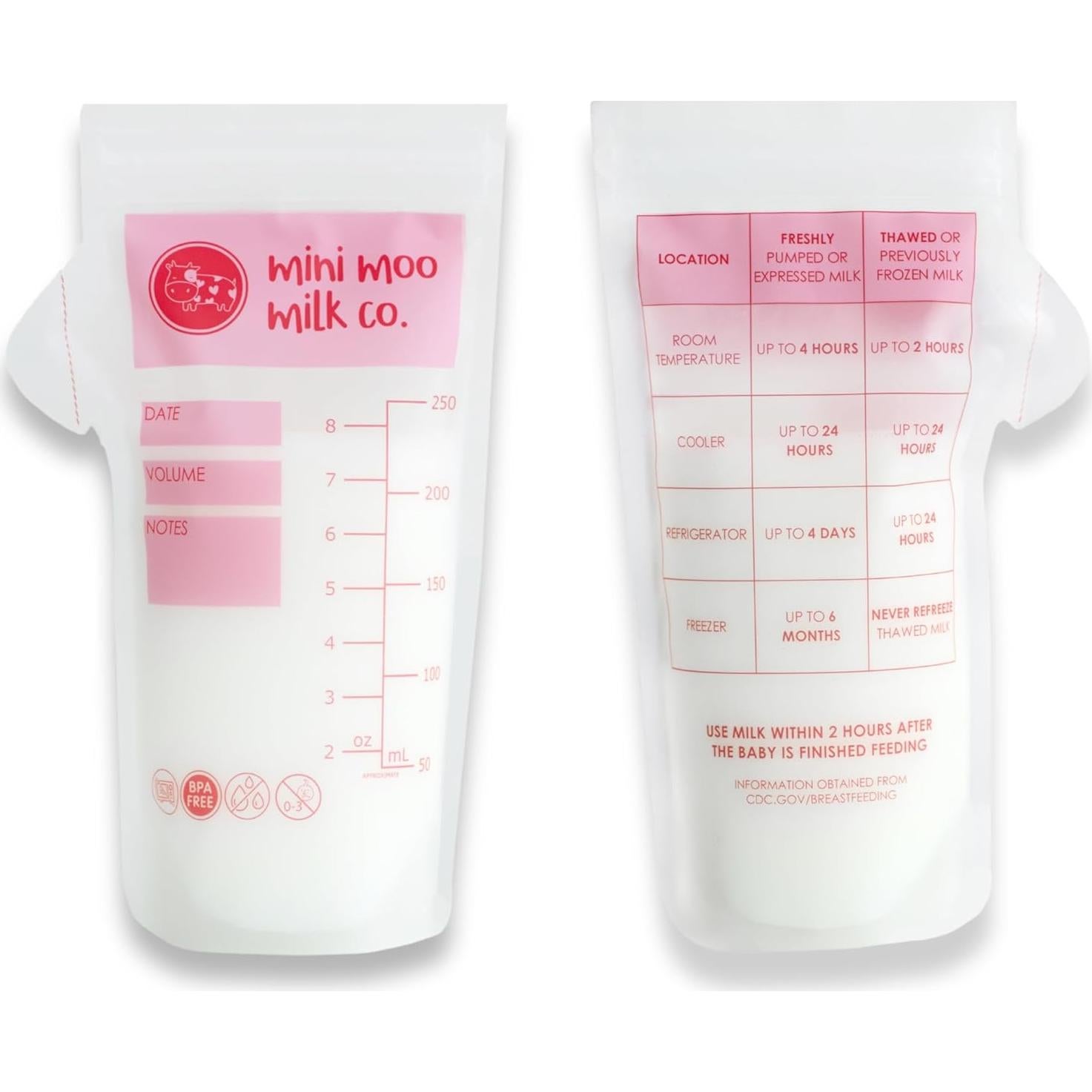 Bolsas de Almacenamiento de Leche Materna Mini Moo 100 Unidades 236.6 ml