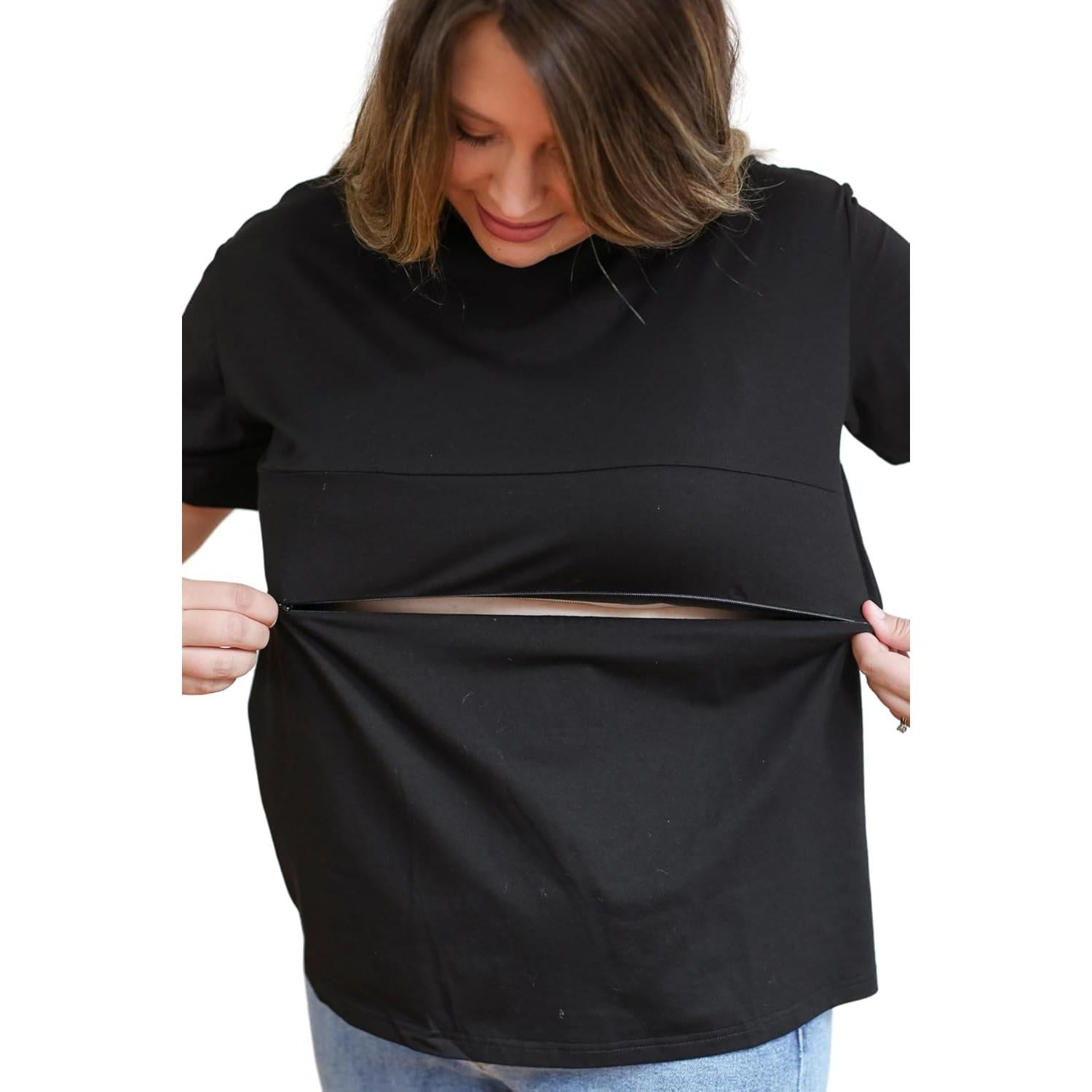 Camiseta de Lactancia Movemama con Cremallera Invisible - Negro - Mediano