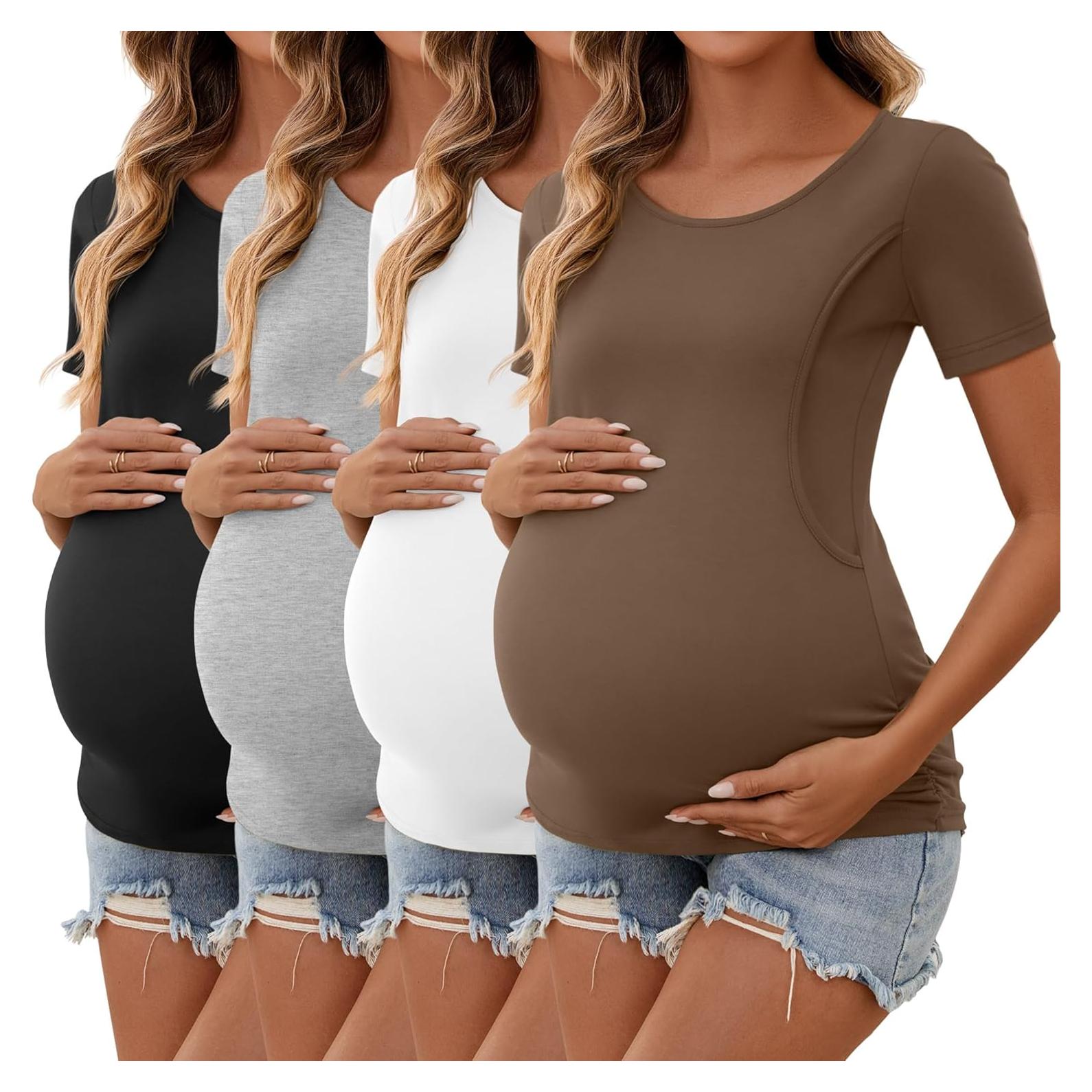 Ficerd 4 Camisetas de Lactancia Algodón Manga Corta Mujeres