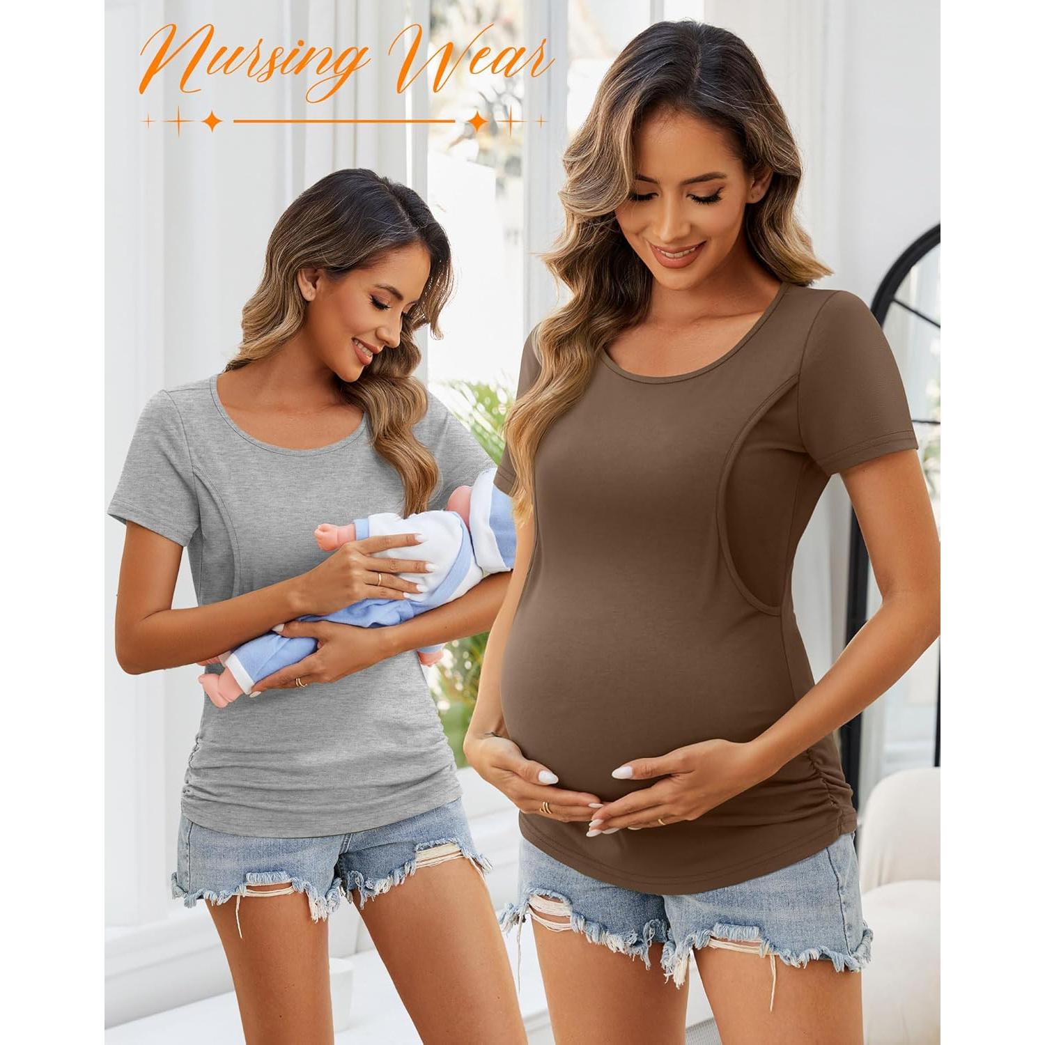Ficerd 4 Camisetas de Lactancia Algodón Manga Corta Mujeres