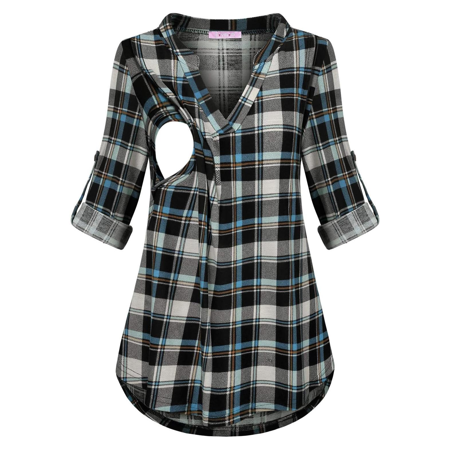 Blusa de Lactancia Joymom Manga Larga Cuello en V Azul Negra
