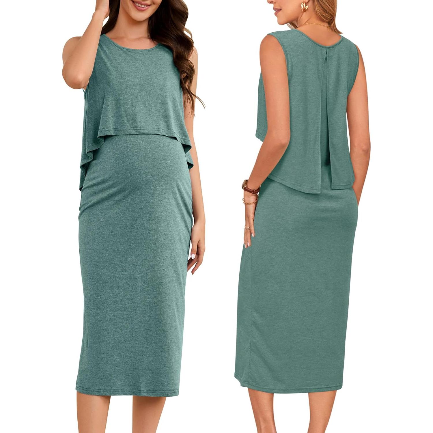 Vestido de Maternidad OUGES Verde Gris S-XXL Cuello Redondo