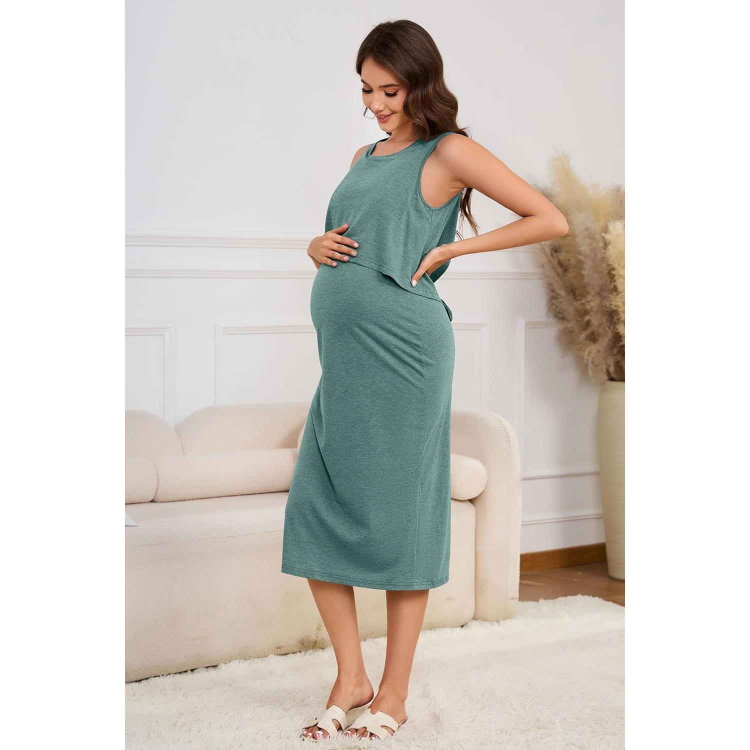 Vestido de Maternidad OUGES Verde Gris S-XXL Cuello Redondo