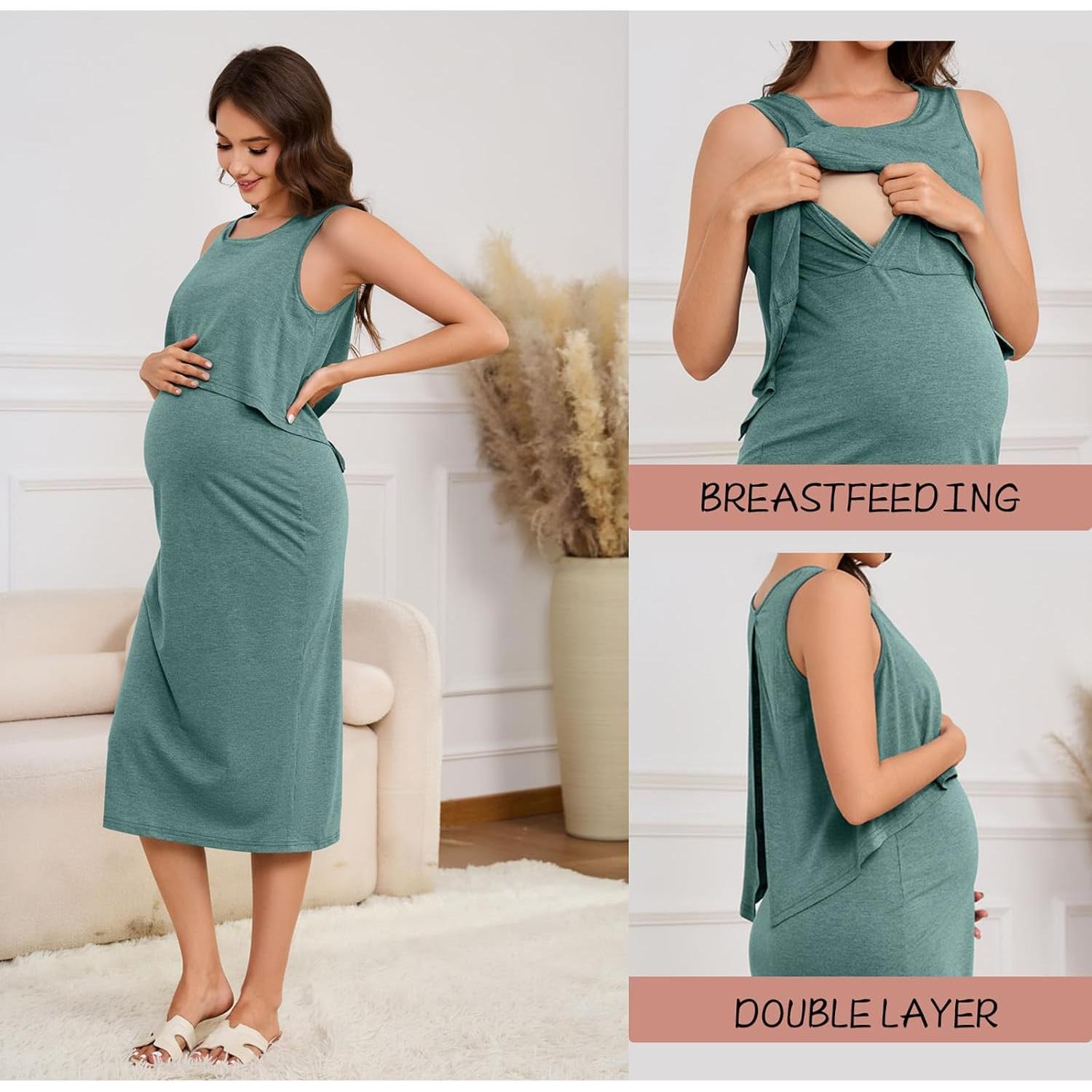 Vestido de Maternidad OUGES Verde Gris S-XXL Cuello Redondo