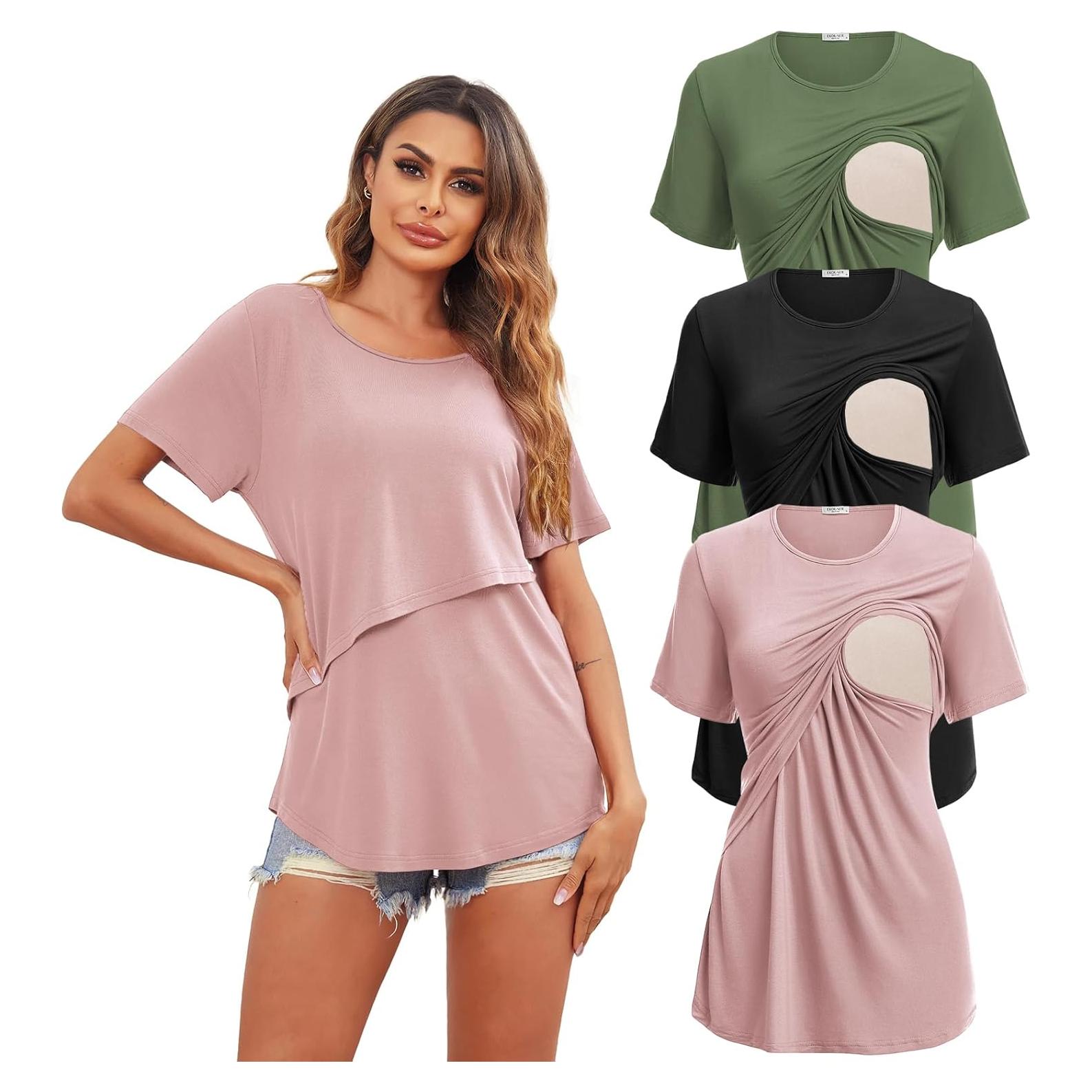 Camisetas de Maternidad Ekouaer Paquete de 3 Tops Lactancia S-XXL