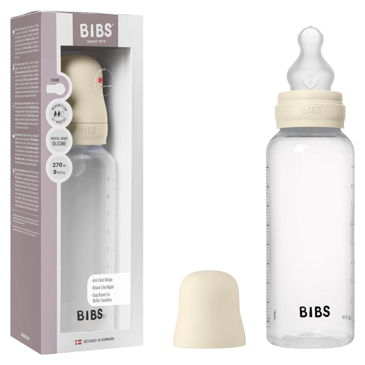 Biberón Anticólico BIBS 270 ml Silicona Libre BPA Marfil