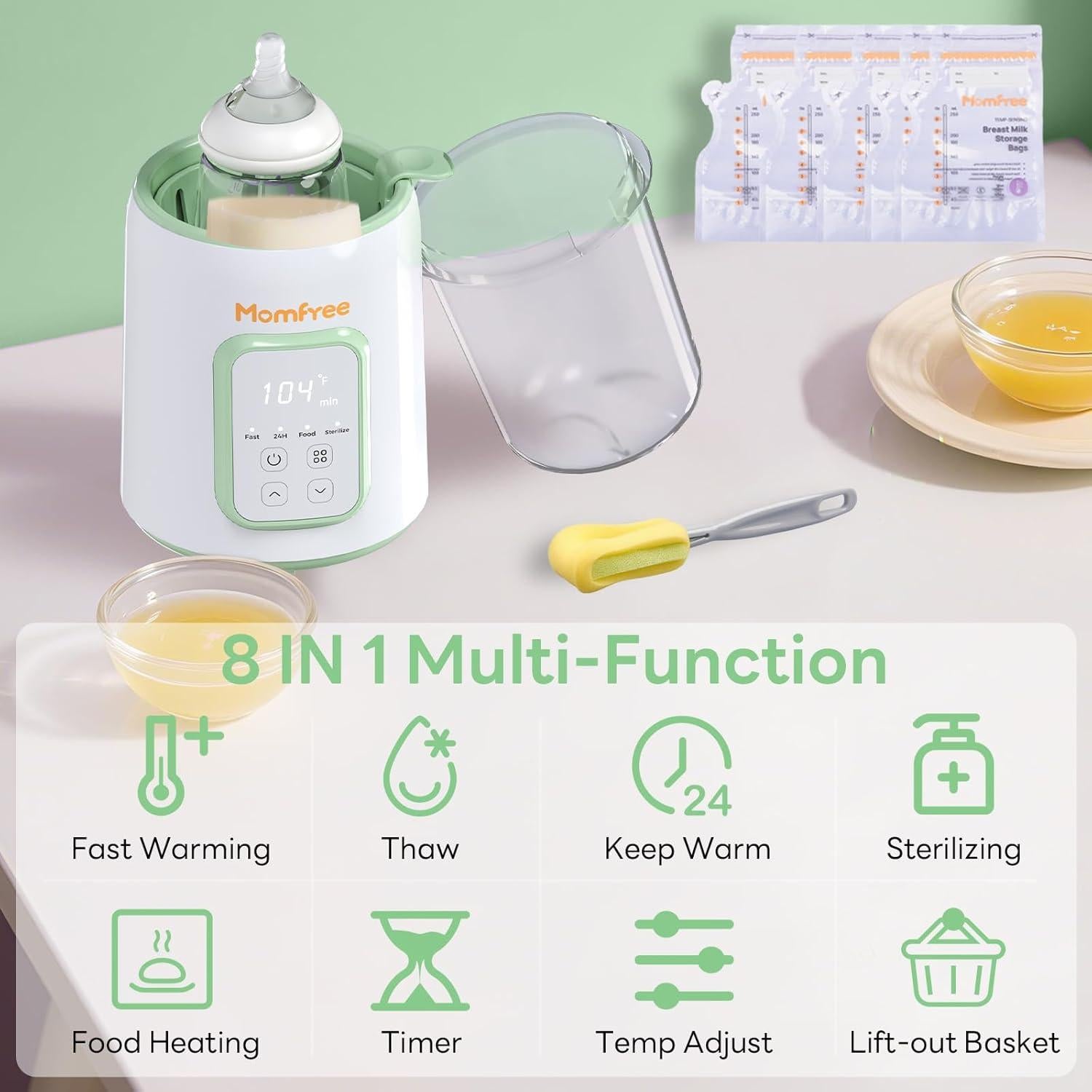 Calentador de Biberones Momfree 8 en 1 Verde - Rápido y Seguro