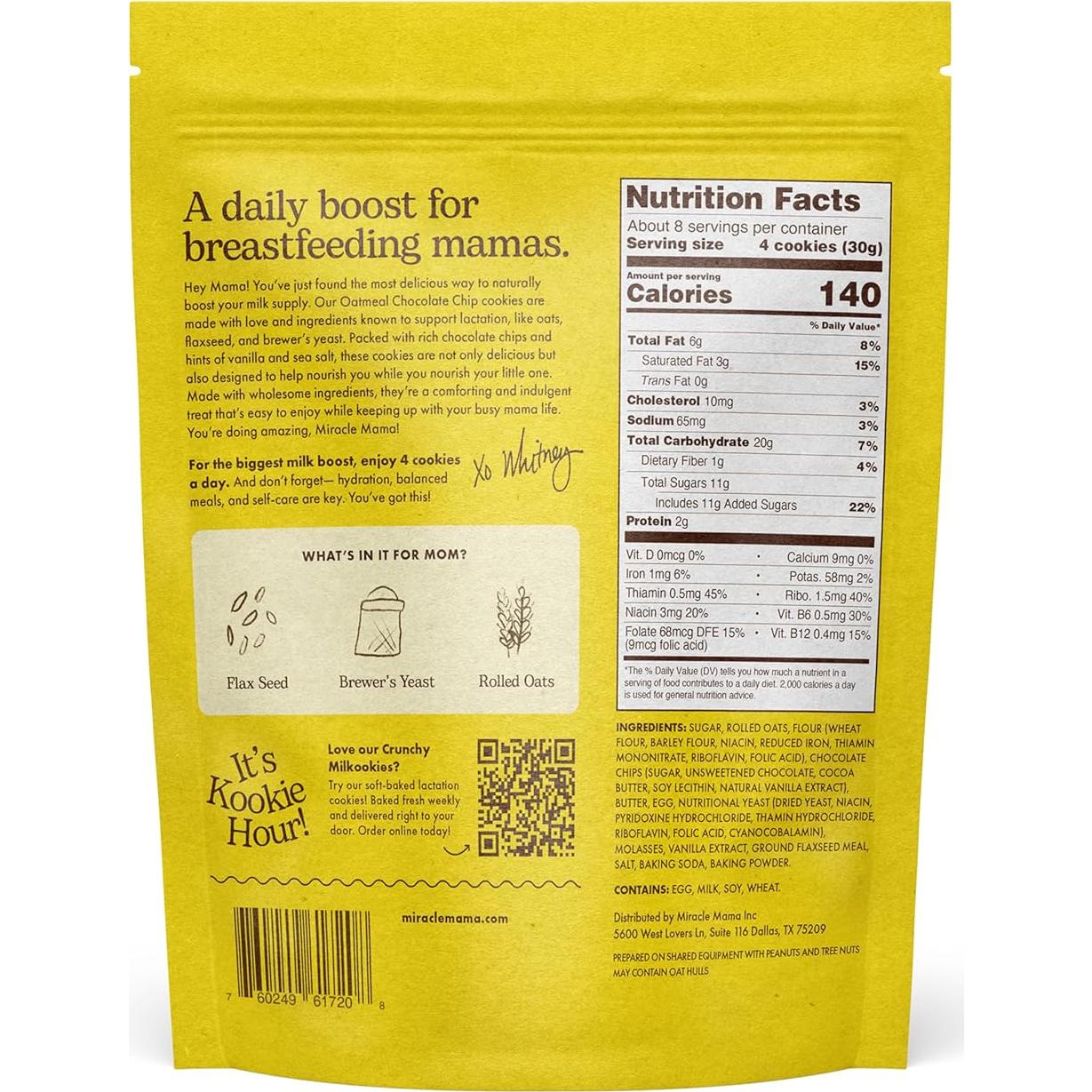 Miracle Mama Milkookies- Lactation Cookies – Oatmeal Chocolate Chip– Support Milk Supply with Oats, Flaxseed & Brewer’s Yeast – Delicious, Nourishing Treat for Moms Pack of 2, 8 oz Bags