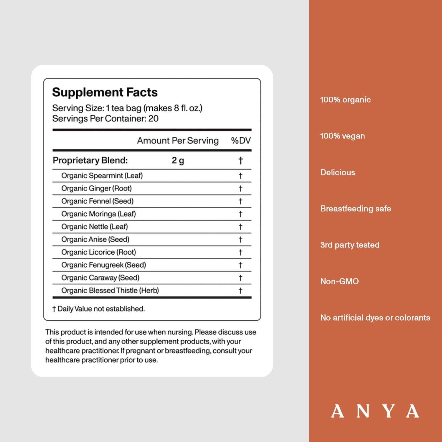 Té de Lactancia HERBAL ANYA, 20 Bolsas - Jengibre y Moringa