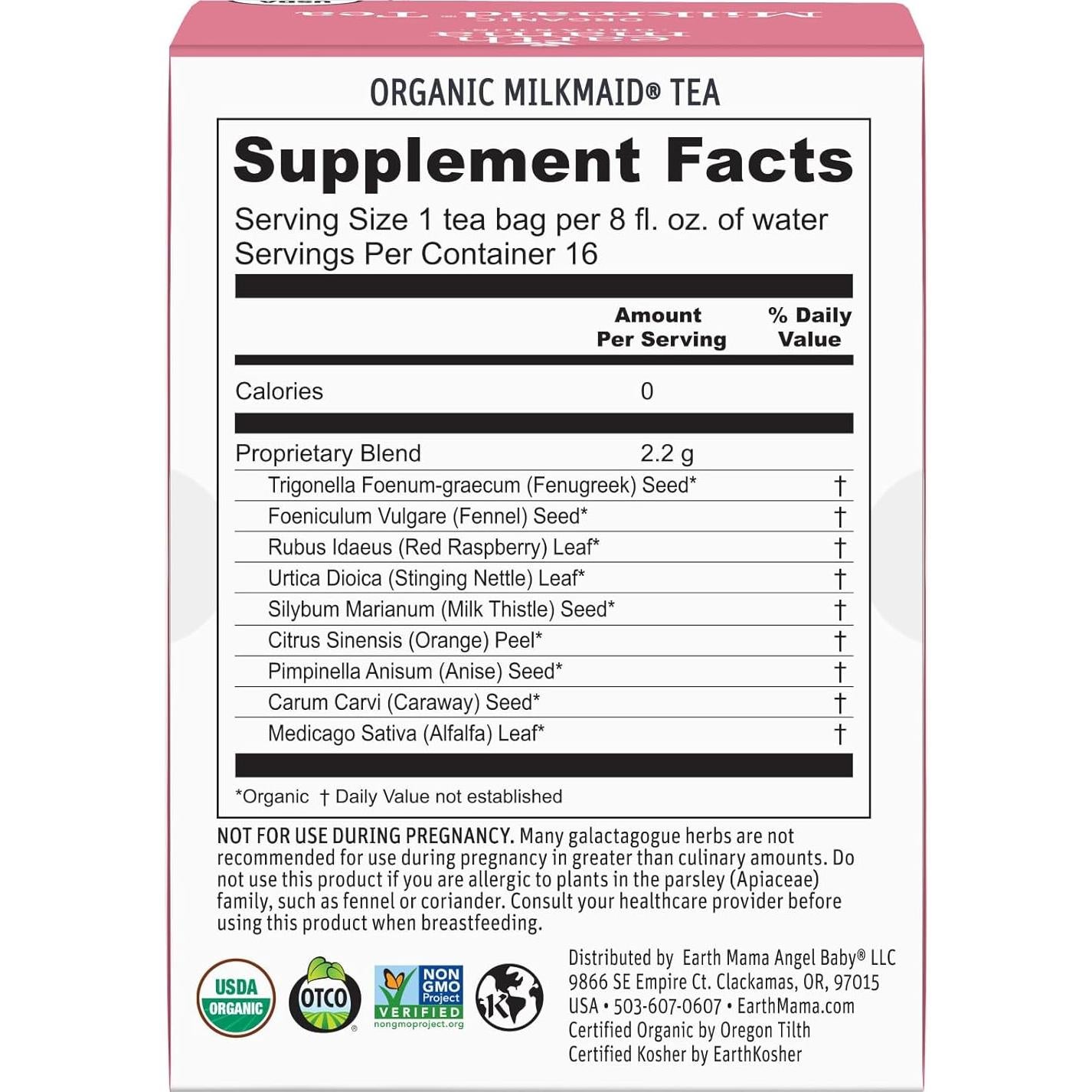 Té de Lactancia Orgánico Milkmaid Earth Mama - 16 Bolsitas x 3