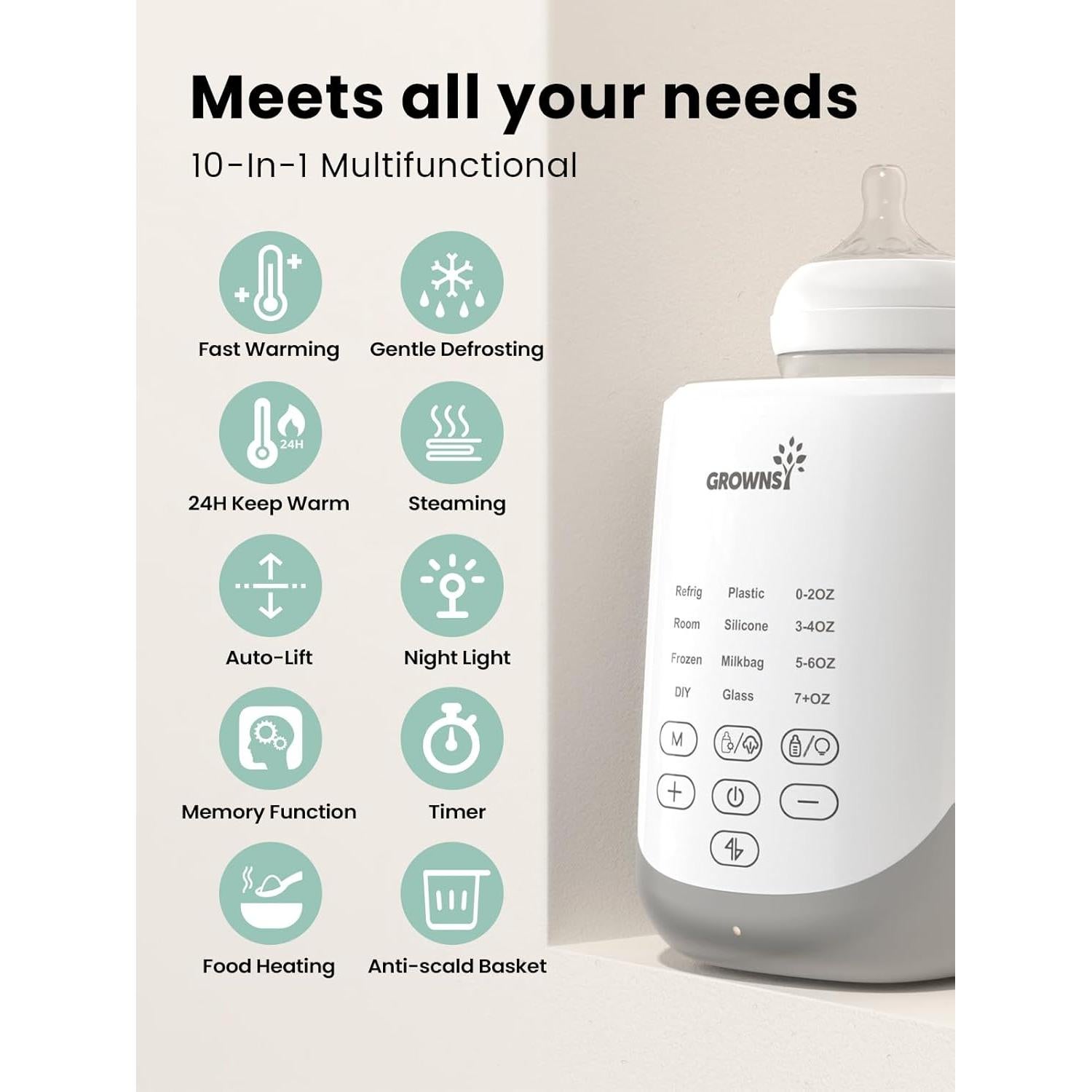 Calentador de Botellas GROWNSY 10 en 1 con Auto-Lift y Luz Nocturna