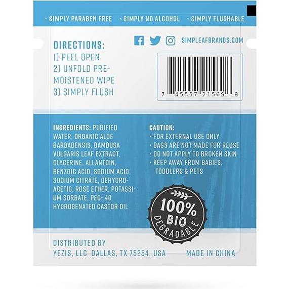 Toallitas Húmedas Desechables Simpleaf Aloe Vera 60 Cuentas