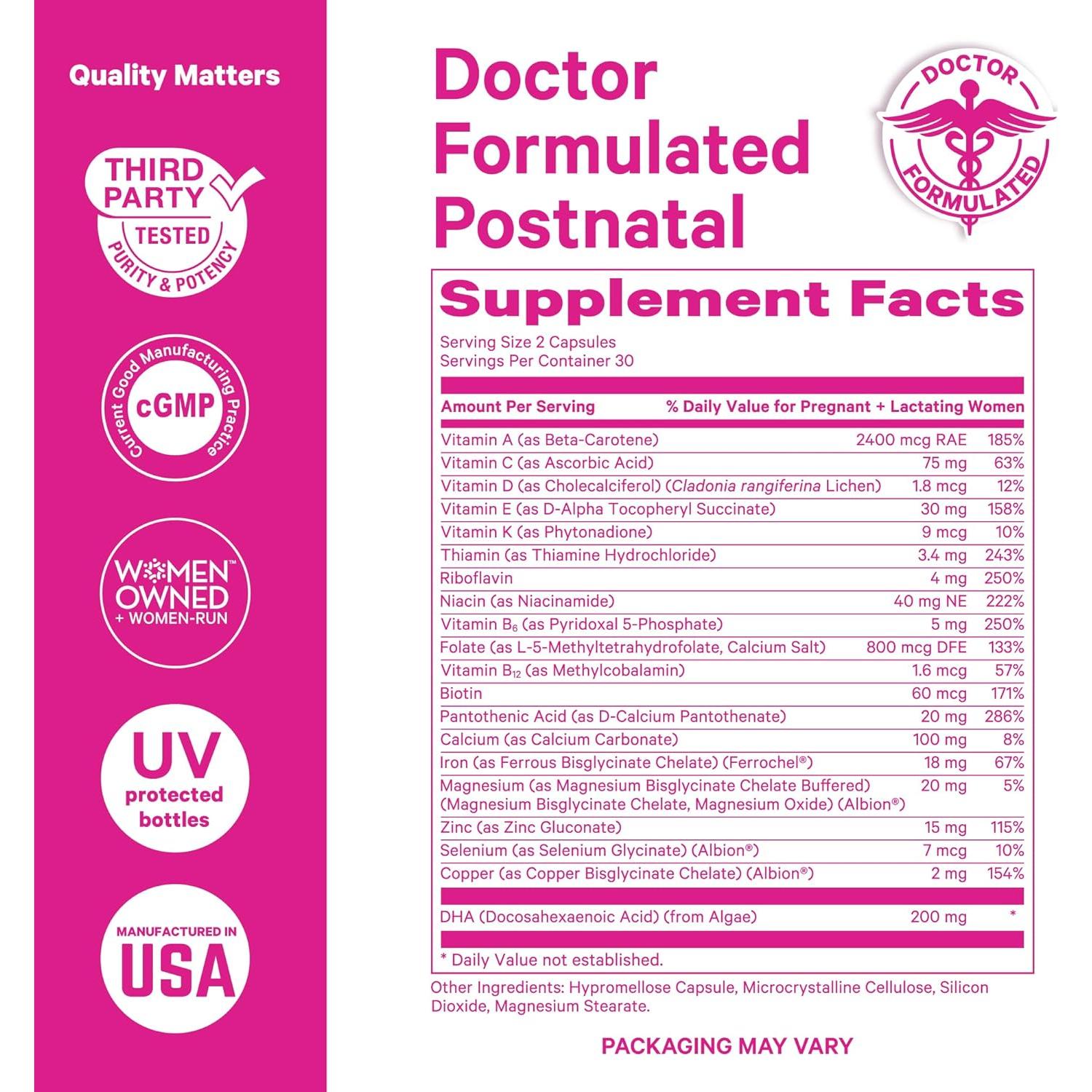 Vitaminas Postnatales Pink Stork - 60 Cápsulas con DHA y Hierro