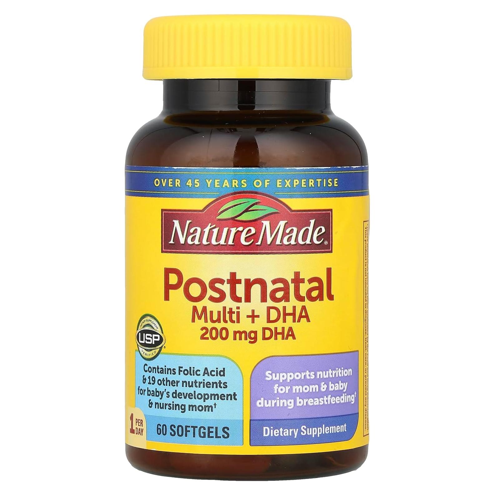 Multivitamínico Postnatal Nature Made + DHA 200 mg, 60 Gelatinas