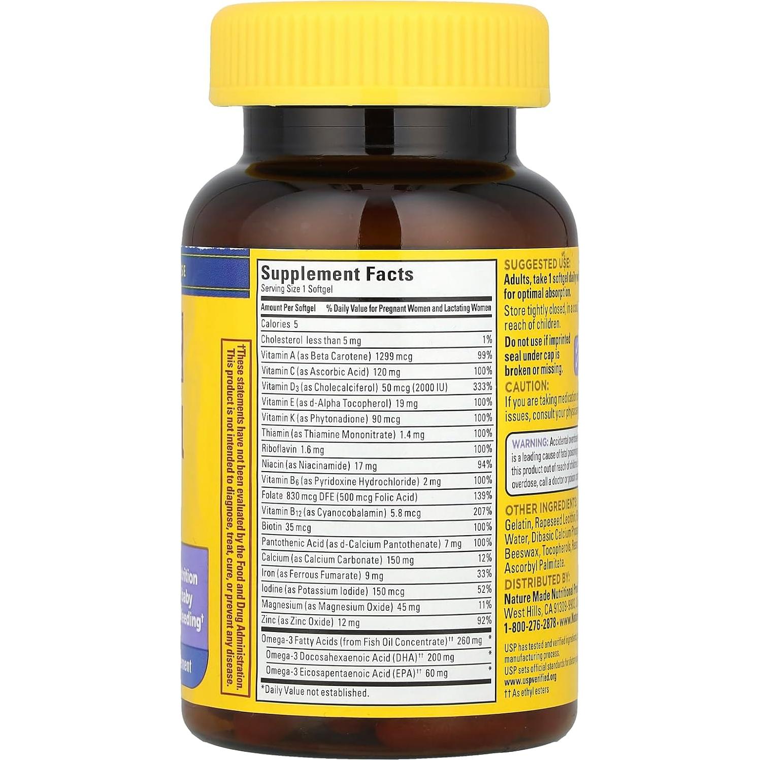 Multivitamínico Postnatal Nature Made + DHA 200 mg, 60 Gelatinas