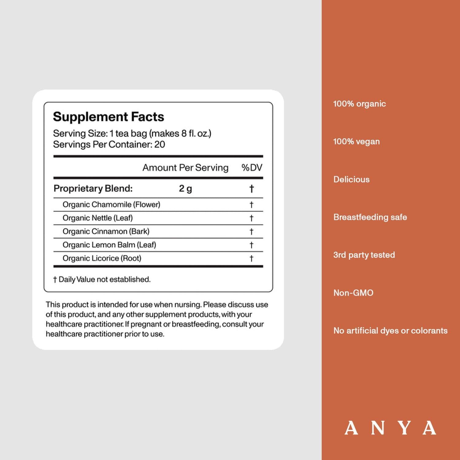 Té Calmante Anya 20 Bolsitas - Orgánico, Sin Gluten, Postparto