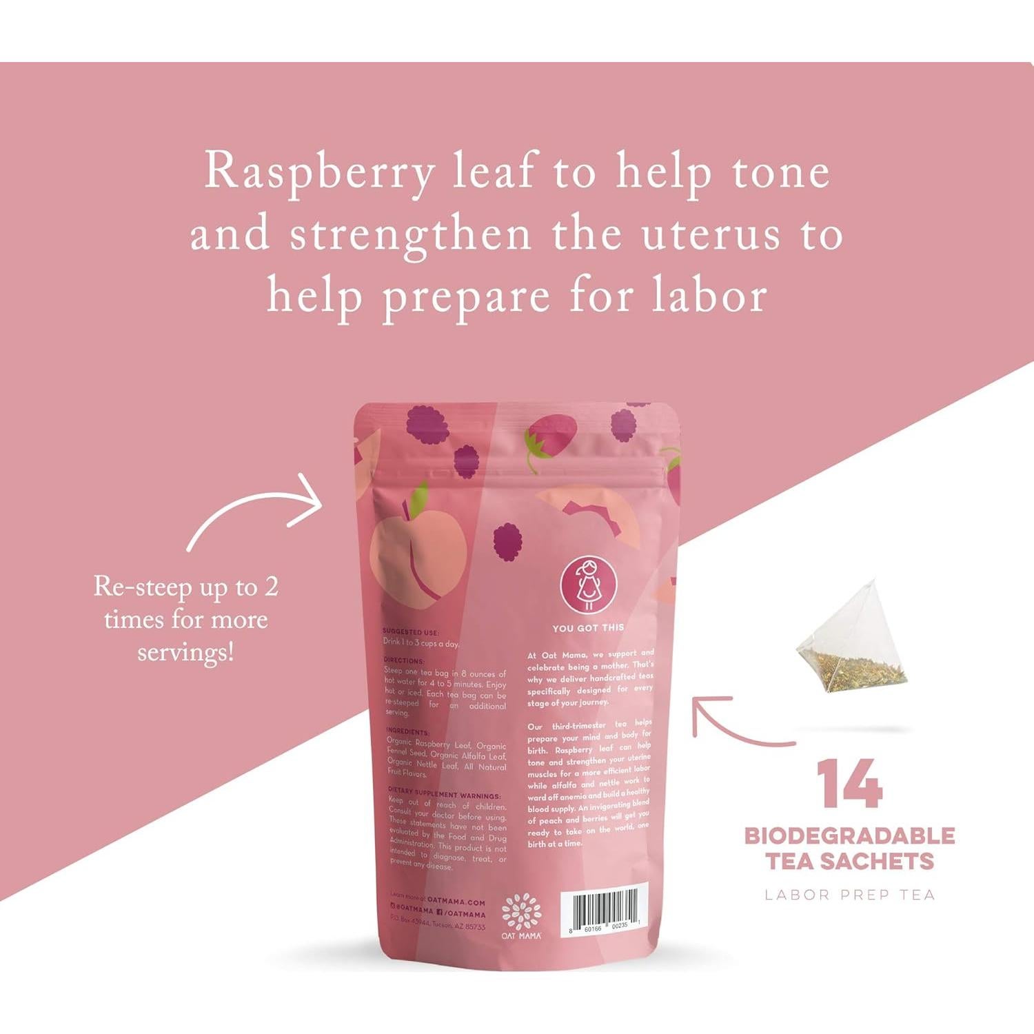 Té de Preparación para el Trabajo Oat Mama - Durazno Blanco - 14 Bolsitas