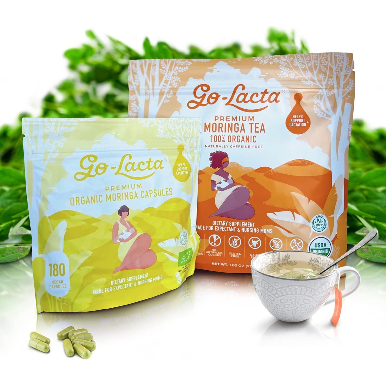 Paquete de Cápsulas y Té de Moringa Orgánica Go-Lacta - 180 Cápsulas y 16 Bolsitas