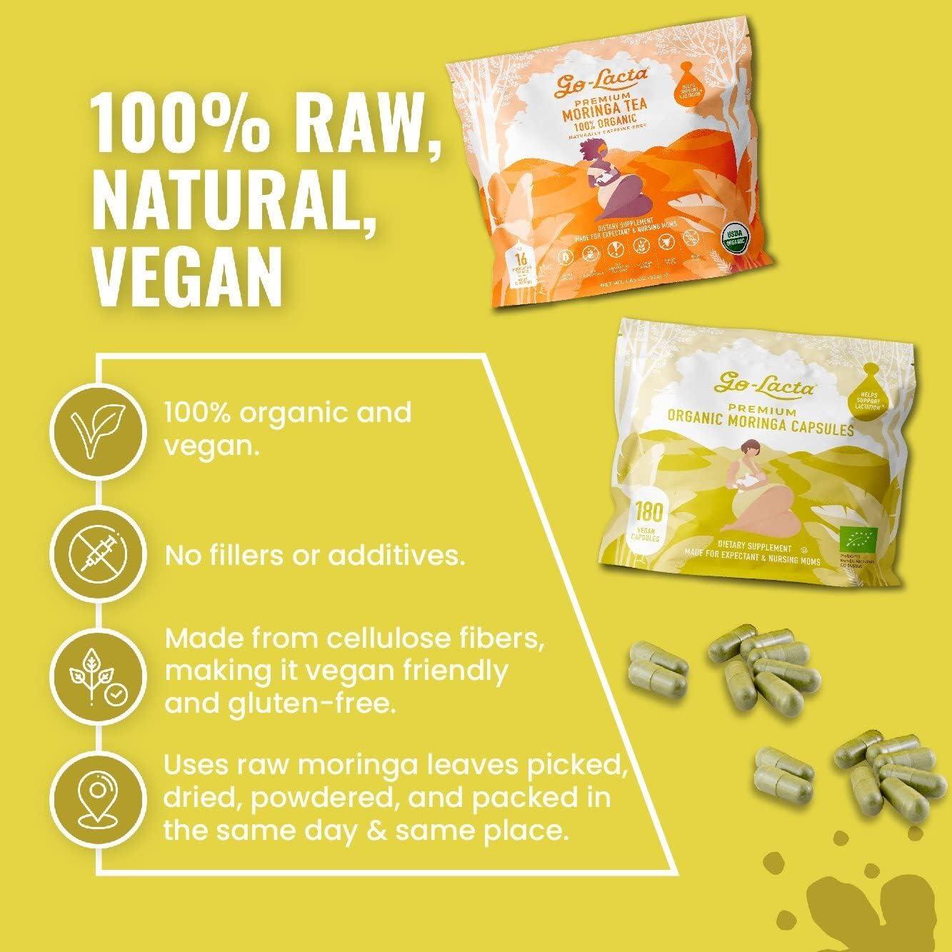 Paquete de Cápsulas y Té de Moringa Orgánica Go-Lacta - 180 Cápsulas y 16 Bolsitas