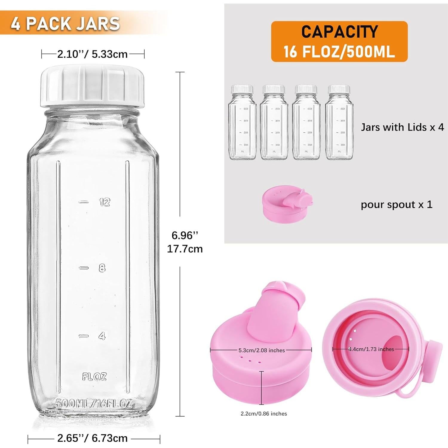 Paquete de 4 Botellas de Leche de Vidrio 473 ml con Tapa Dispensadora