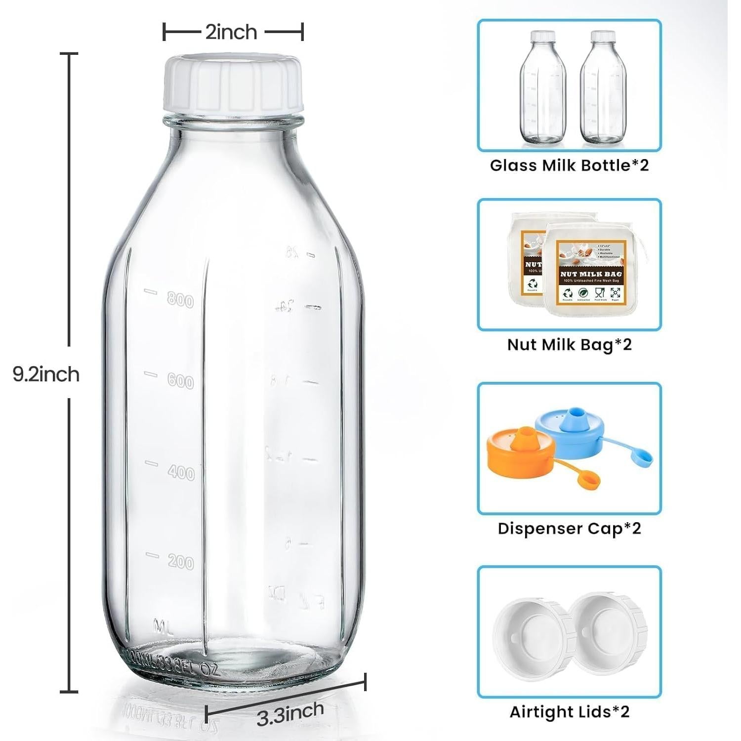 Paquete de 2 Botellas de Vidrio Reutilizables POIKSHARK 0.91L