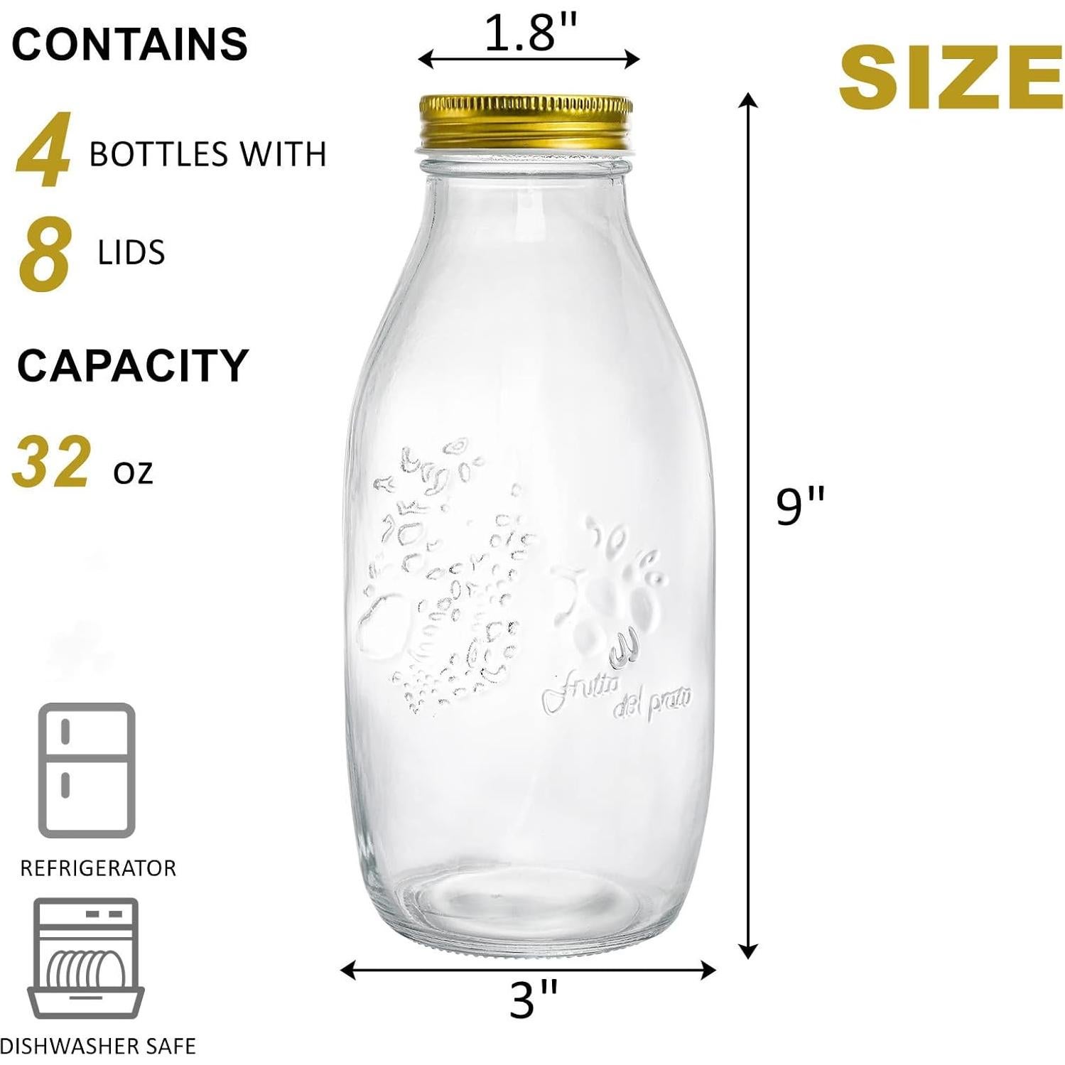 Botellas de Leche de Vidrio ZOOFOX 4 Pzas 0.95L Herméticas