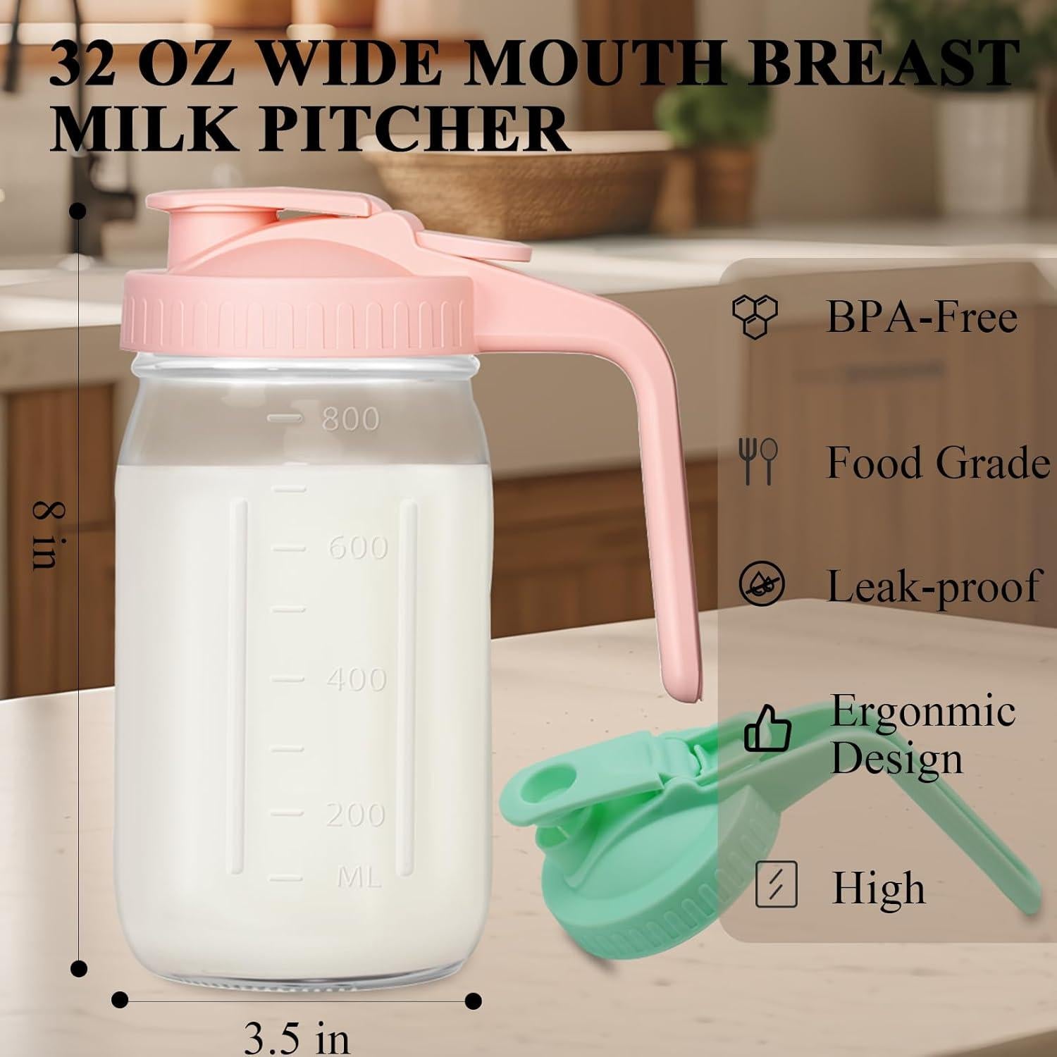 Jarra de Leche Materna Mihlapi 32 oz Vidrio Rosa Hermética