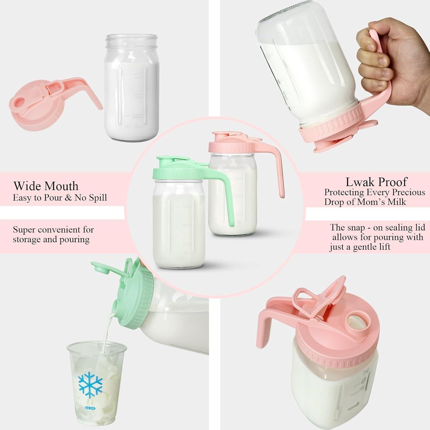 Jarra de Leche Materna Mihlapi 32 oz Vidrio Rosa Hermética