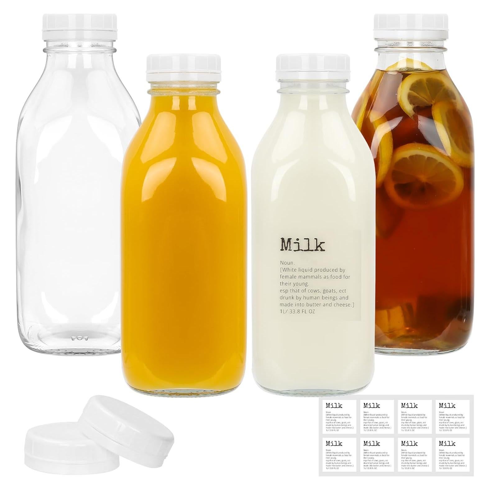 DHSBTLS 4 Botellas de Leche de Vidrio 1L con Tapas y Etiquetas