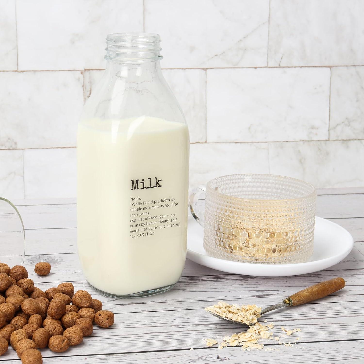 DHSBTLS 4 Botellas de Leche de Vidrio 1L con Tapas y Etiquetas