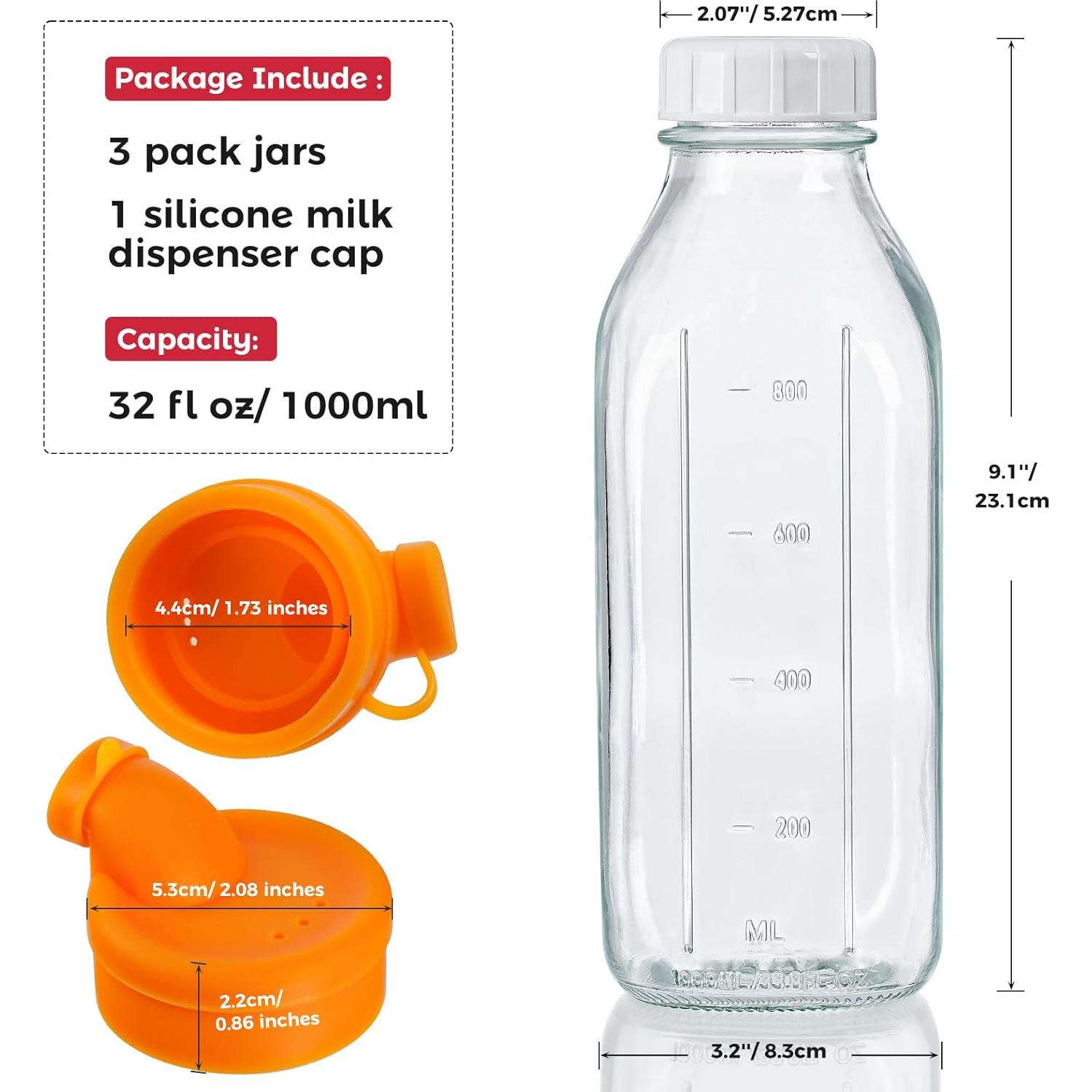 Set de 3 Botellas de Vidrio 946 ml con Tapa Silicona Hermética