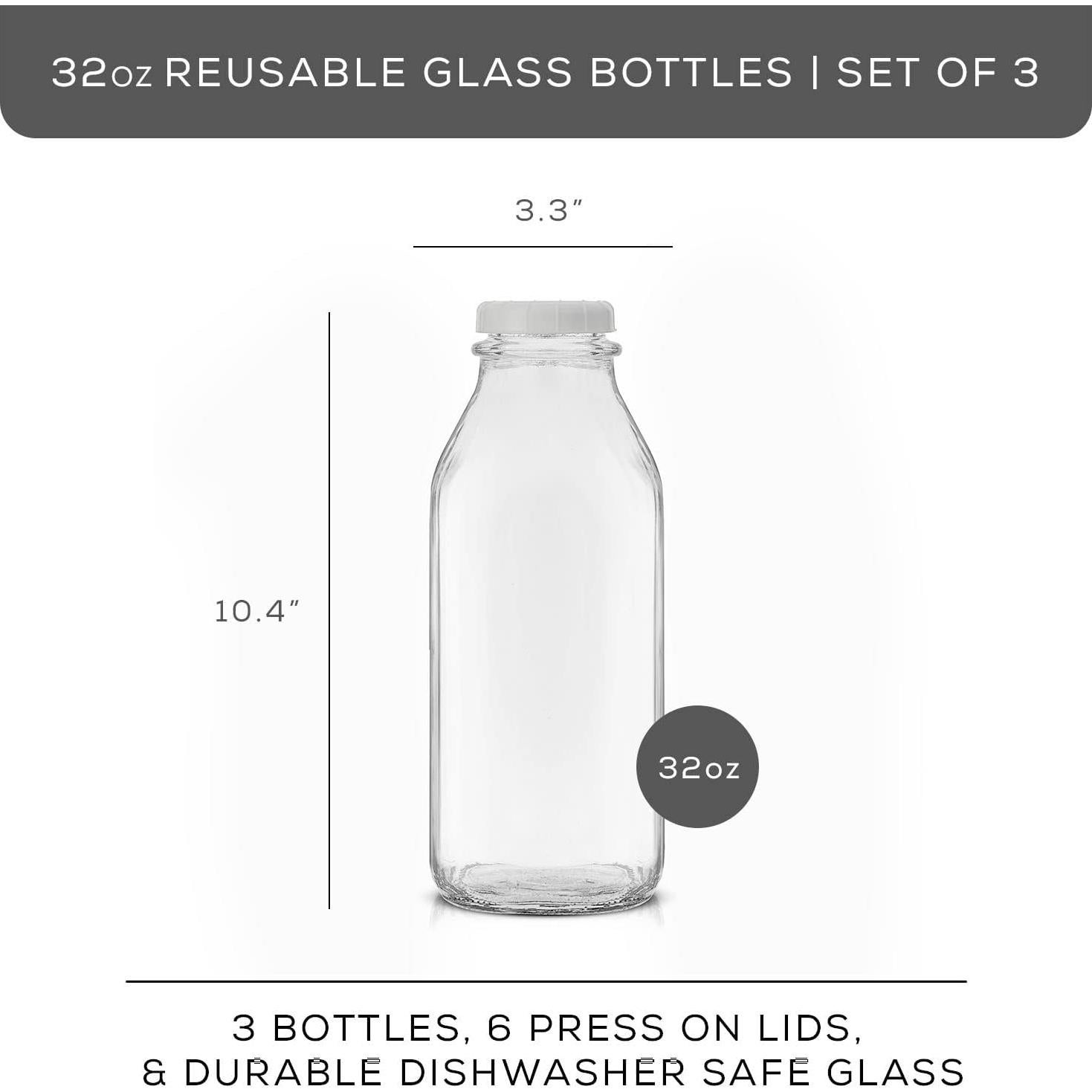 Botellas de Leche de Vidrio JoyJolt - 3 Piezas 32 Oz Reutilizables