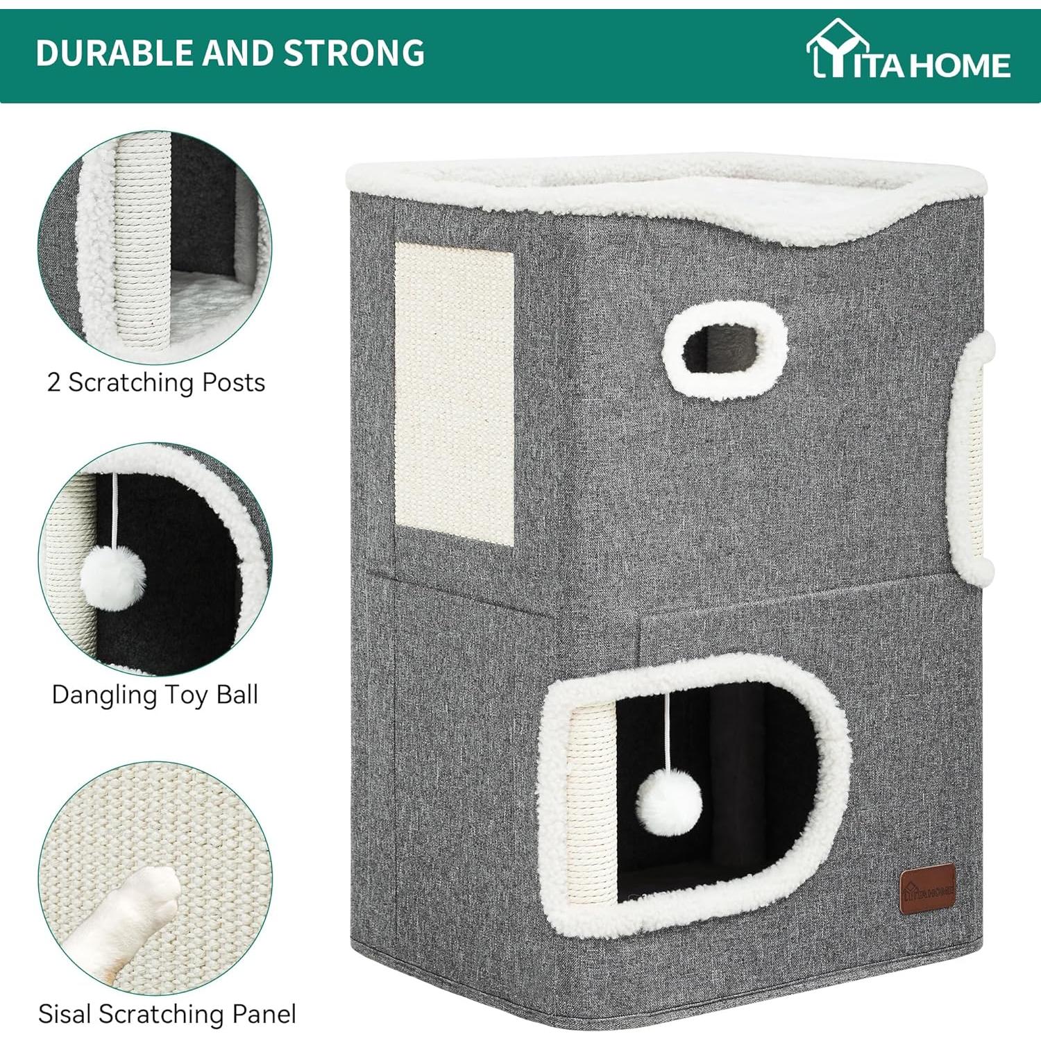 Casa para Gatos YITAHOME 2 Pisos con Rascador y Cueva Gris