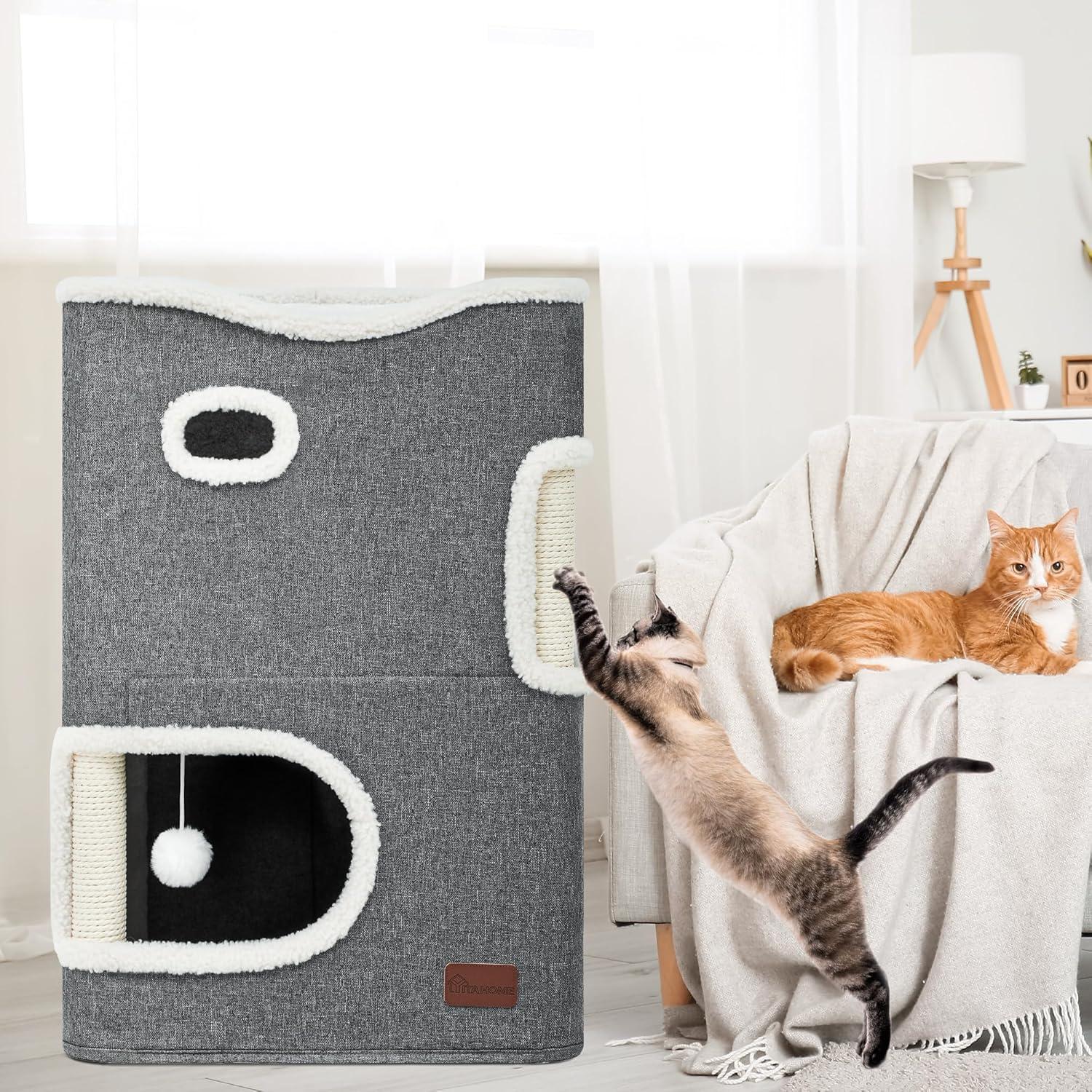 Casa para Gatos YITAHOME 2 Pisos con Rascador y Cueva Gris