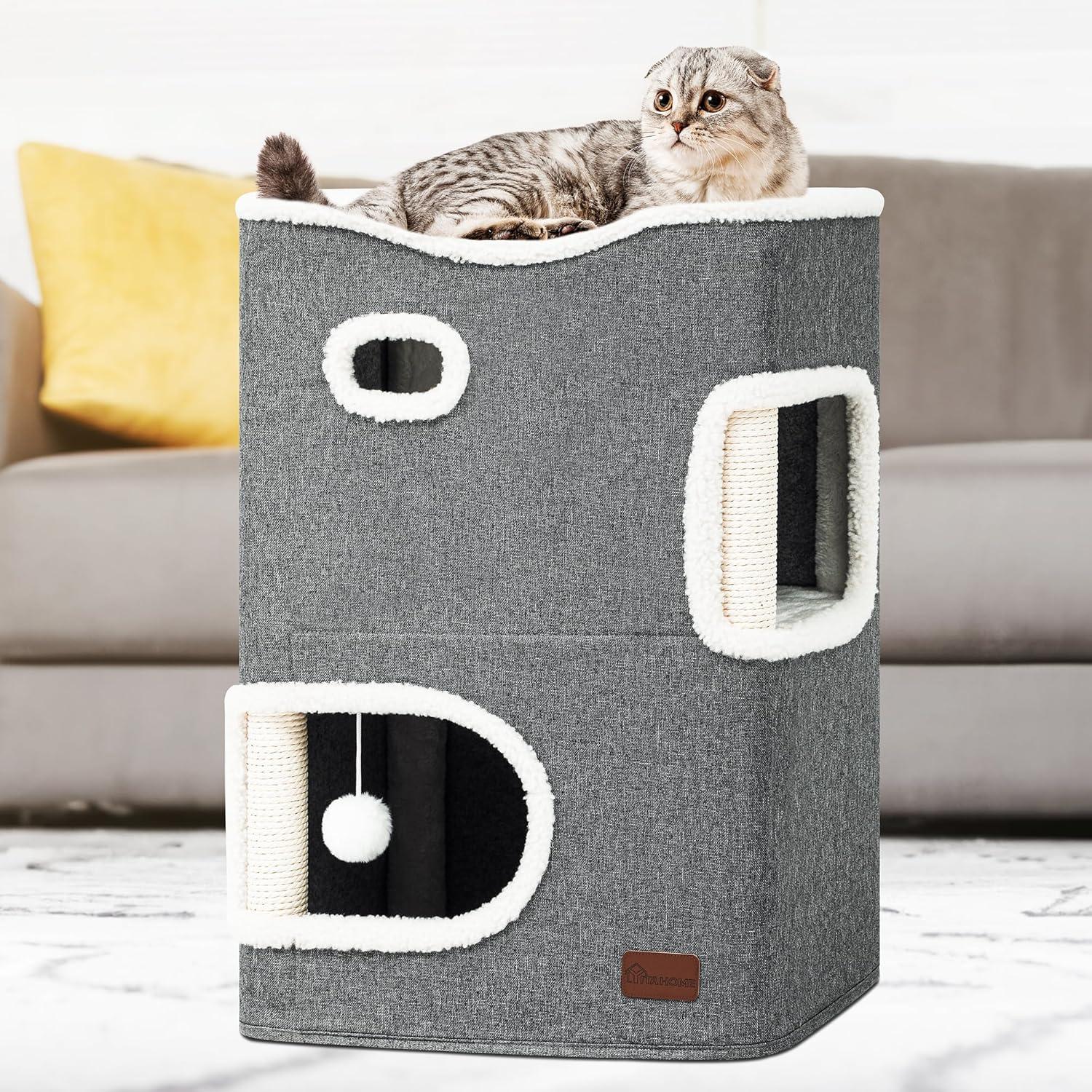 Casa para Gatos YITAHOME 2 Pisos con Rascador y Cueva Gris