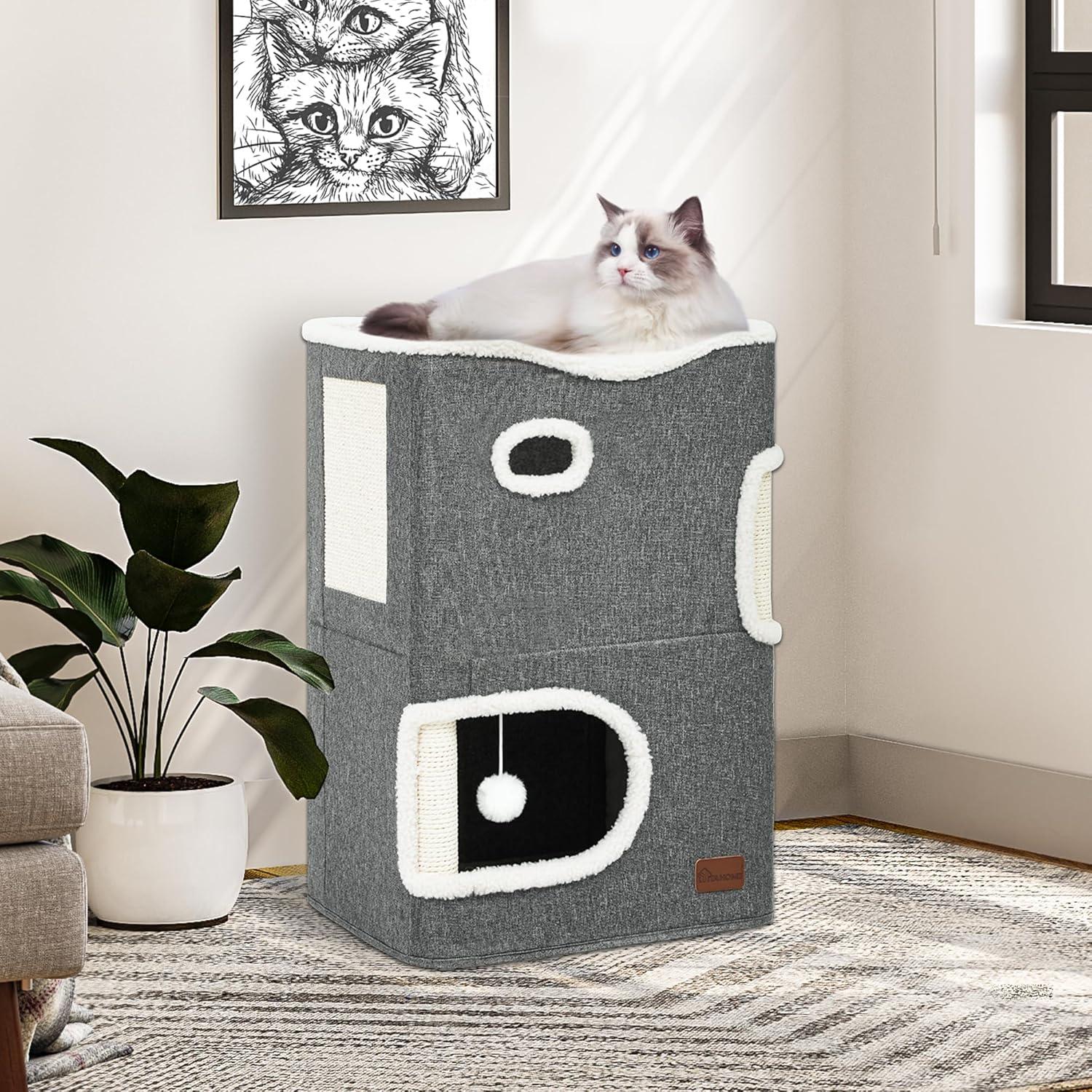 Casa para Gatos YITAHOME 2 Pisos con Rascador y Cueva Gris
