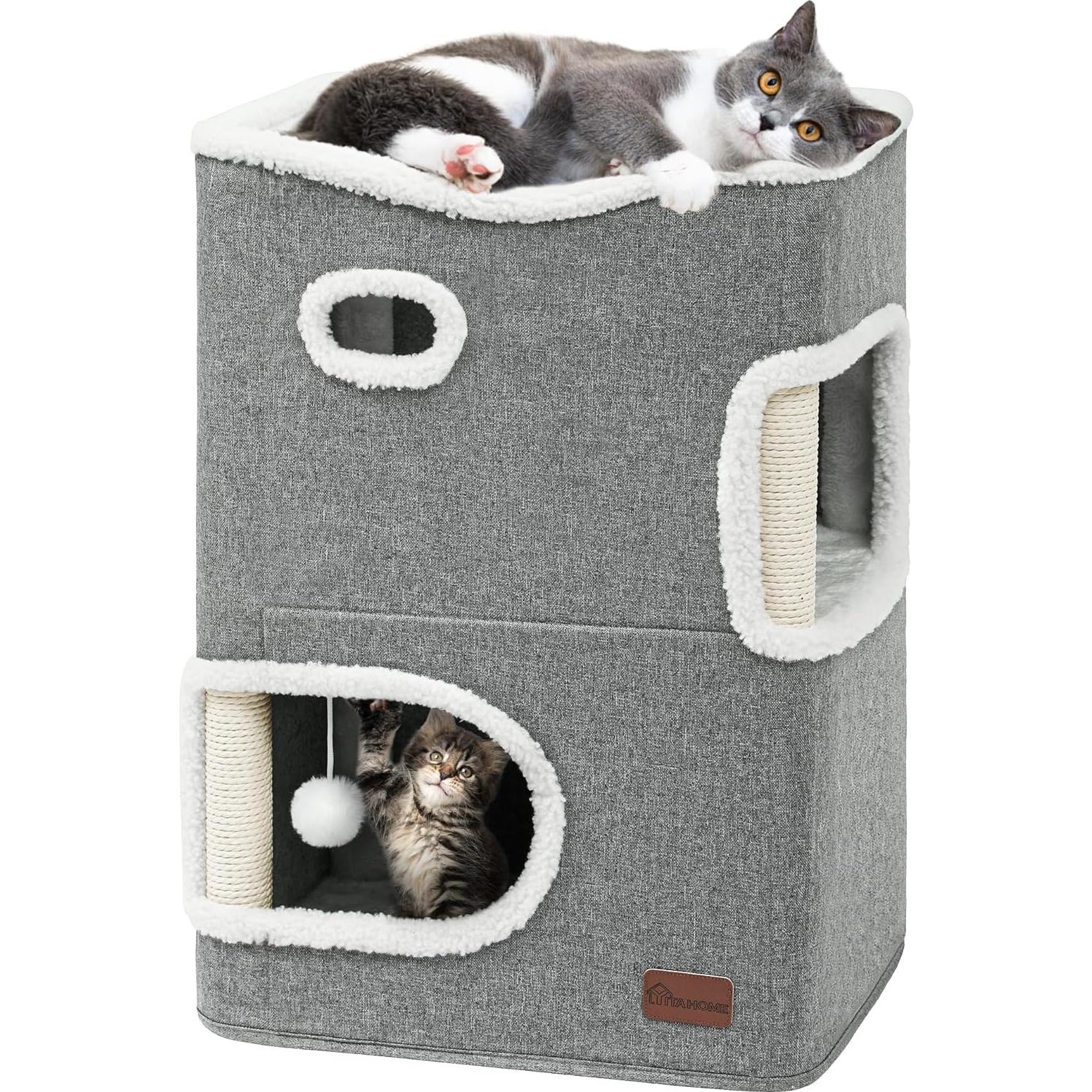 Casa para Gatos YITAHOME 2 Pisos con Rascador y Cueva Gris