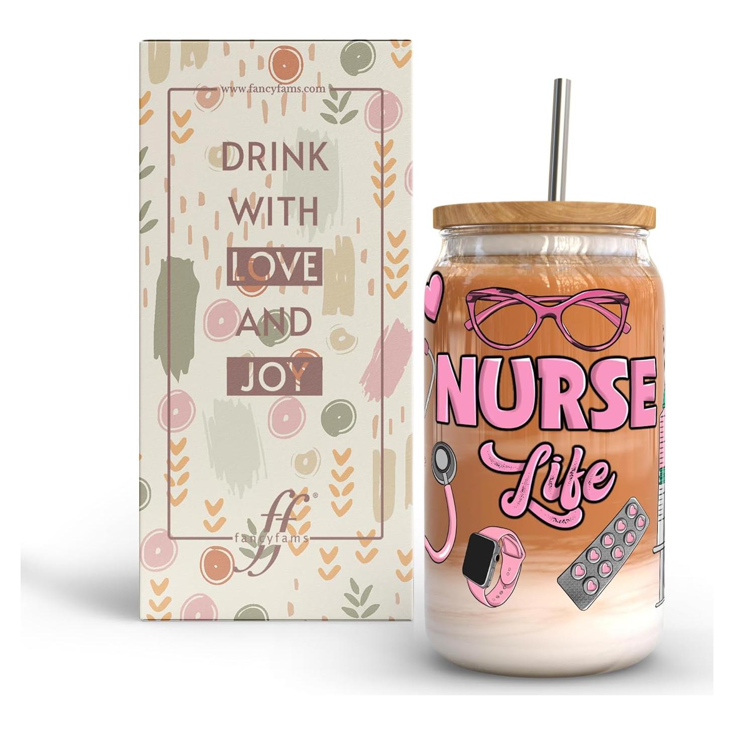 Vaso de Vidrio 16 oz Fancyfams con Tapa de Bambú - Vida de Enfermera