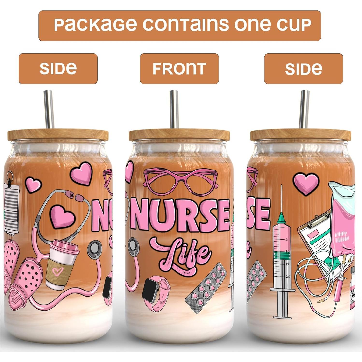 Vaso de Vidrio 16 oz Fancyfams con Tapa de Bambú - Vida de Enfermera