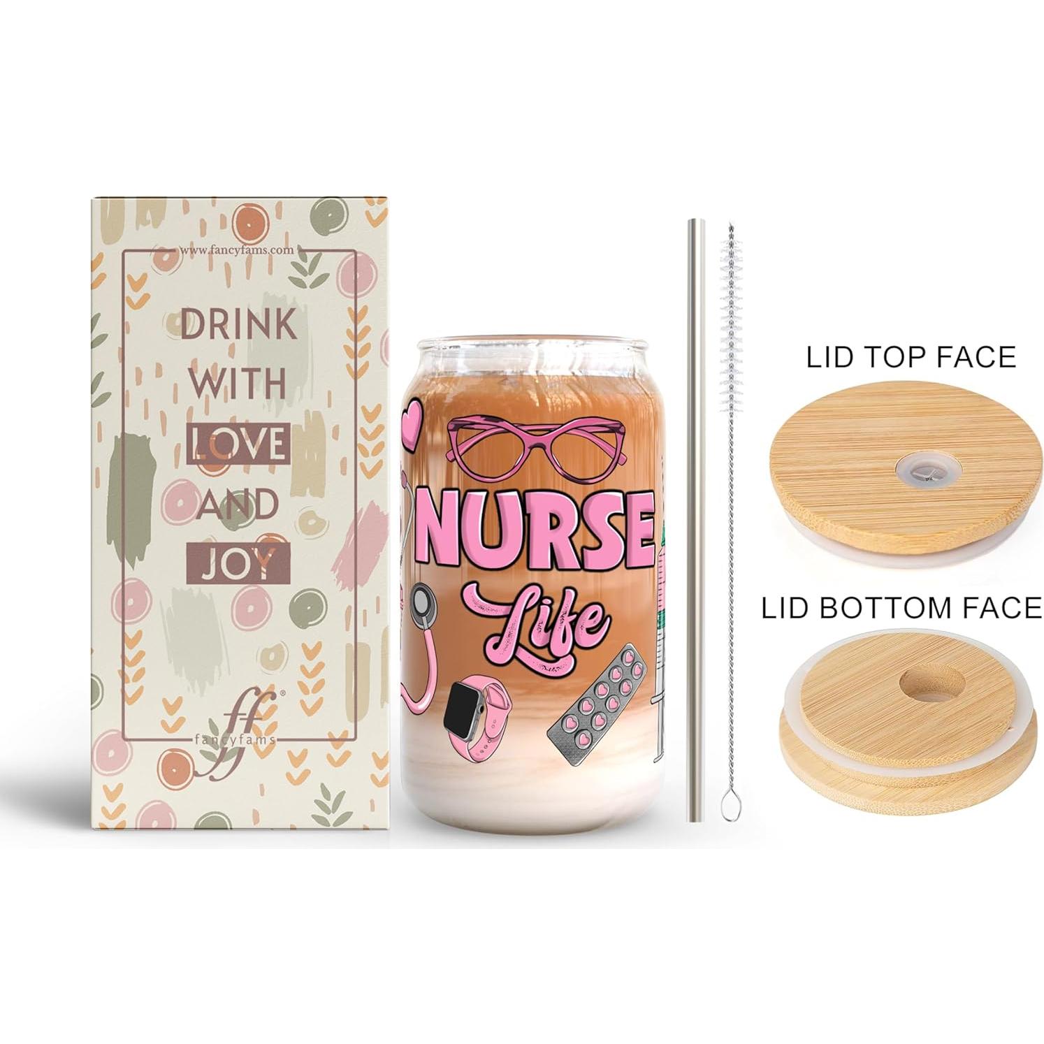 Vaso de Vidrio 16 oz Fancyfams con Tapa de Bambú - Vida de Enfermera
