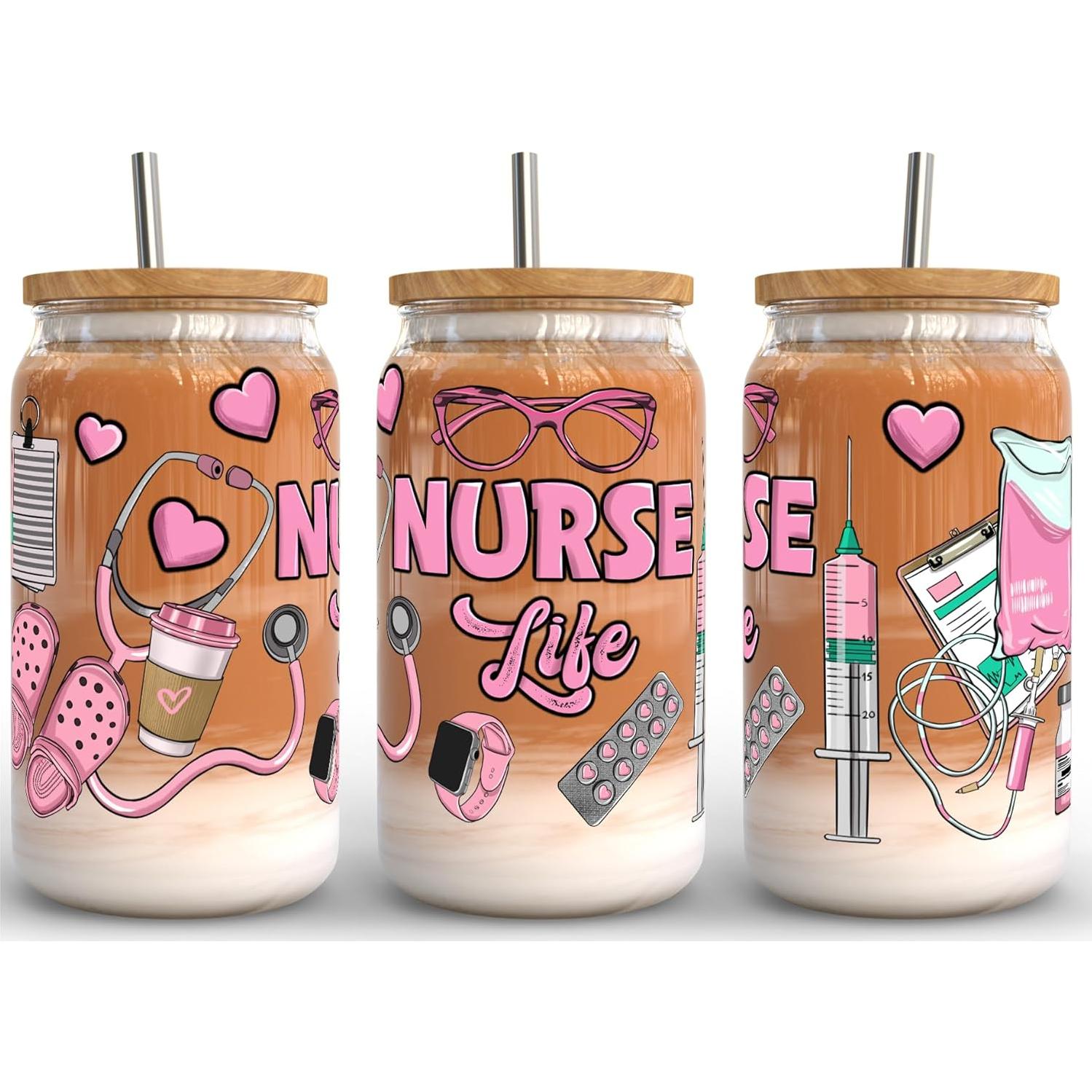 Vaso de Vidrio 16 oz Fancyfams con Tapa de Bambú - Vida de Enfermera