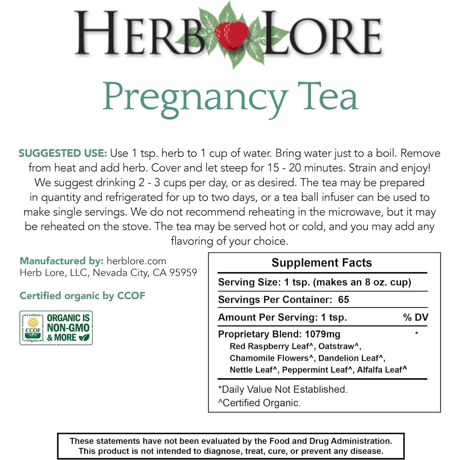 Té Orgánico para Embarazo Herb Lore - 65 Porciones - Hoja de Frambuesa