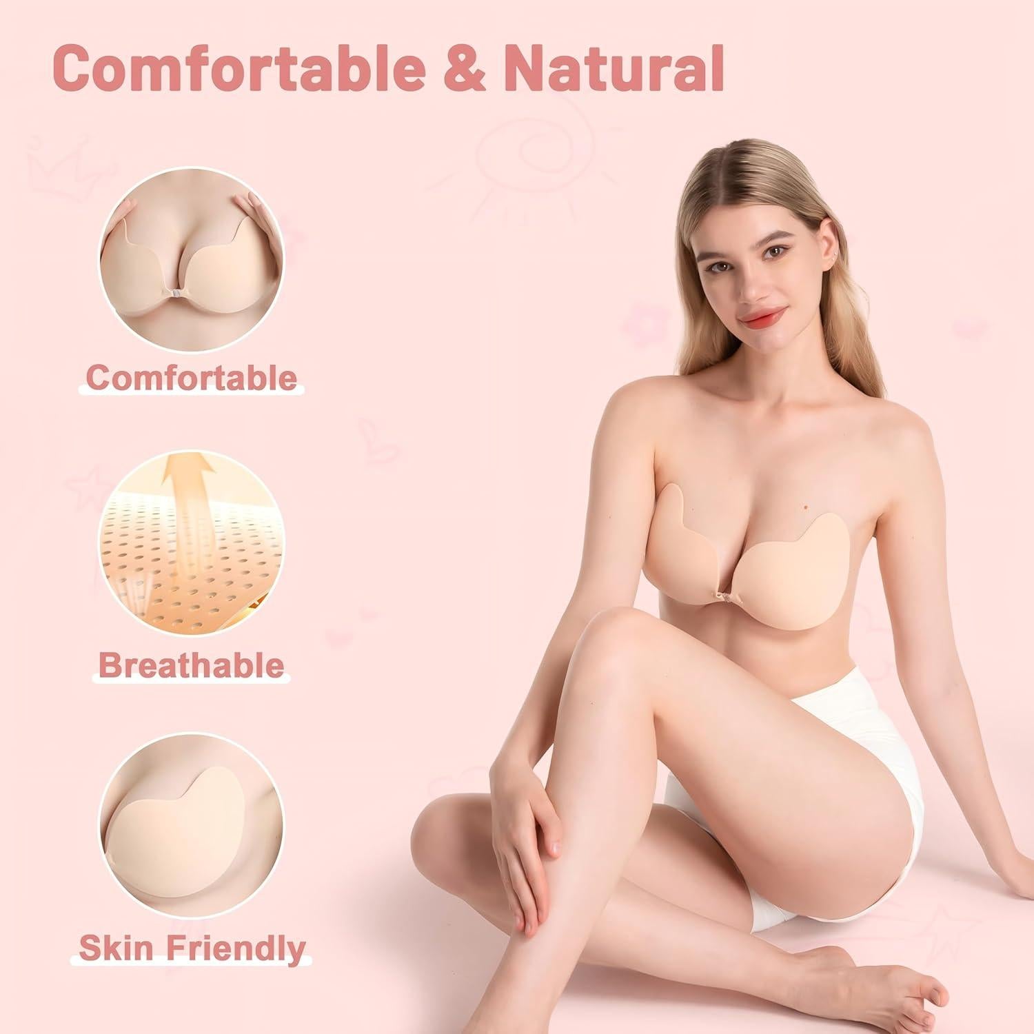 Sostén Adhesivo Push Up Sin Espalda para Mujeres - Negro y Beige