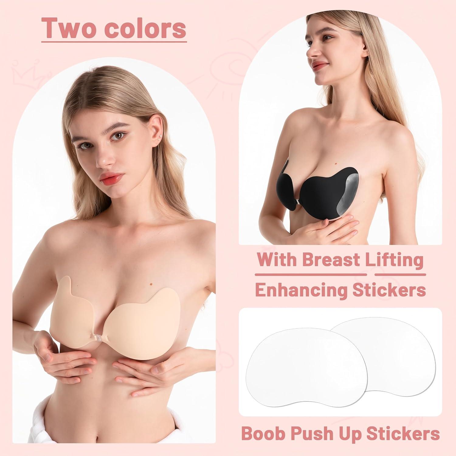 Sostén Adhesivo Push Up Sin Espalda para Mujeres - Negro y Beige