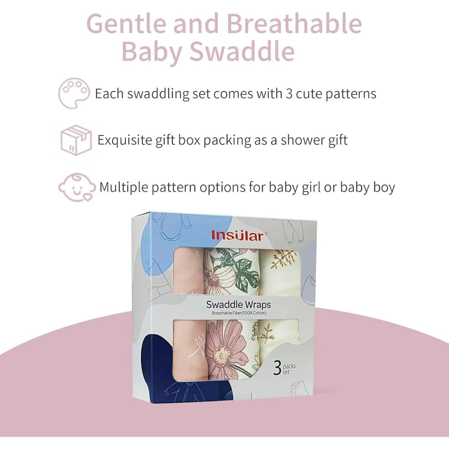 Manta de Swaddle Insular 100% Algodón Floral 3 Piezas 0-3M