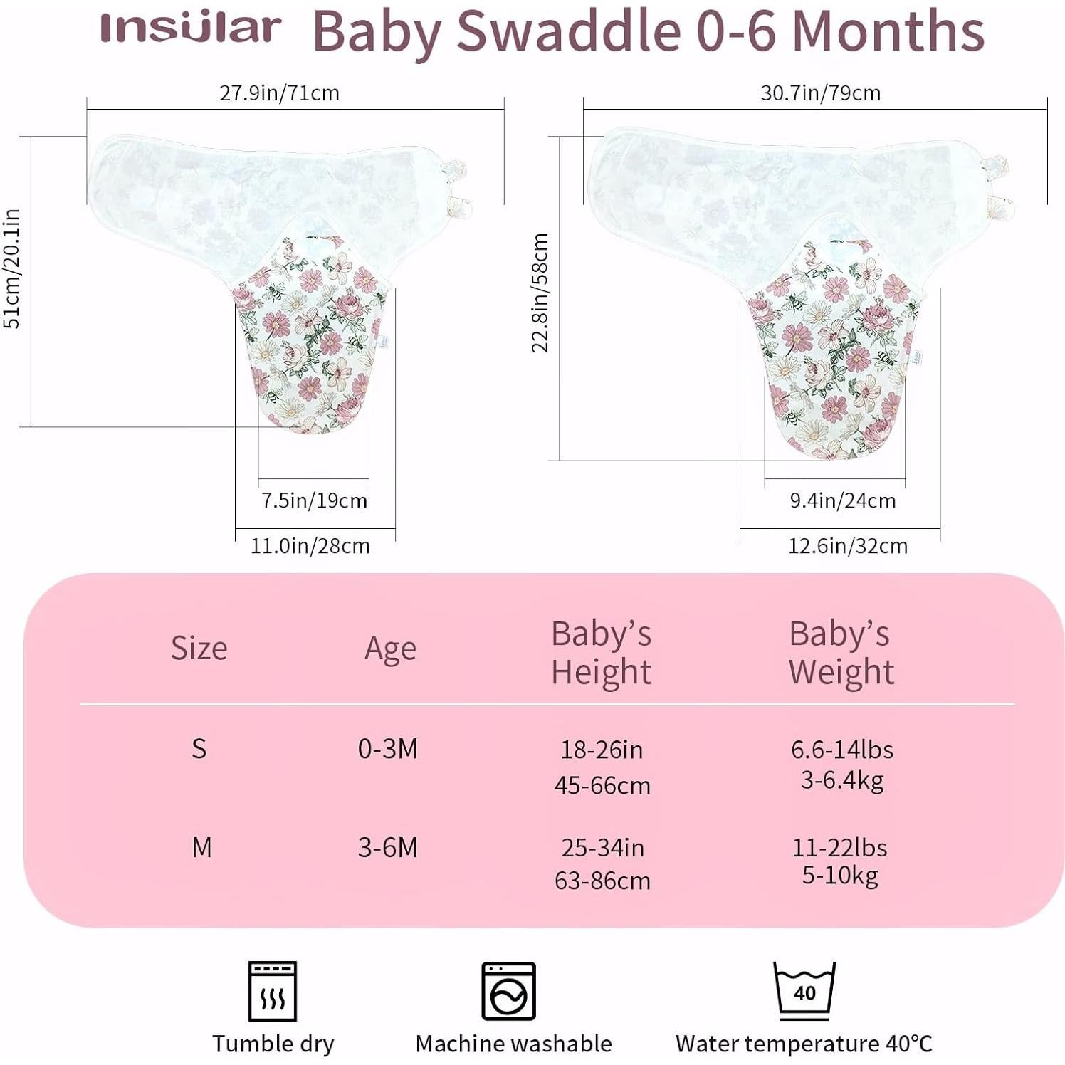 Manta de Swaddle Insular 100% Algodón Floral 3 Piezas 0-3M