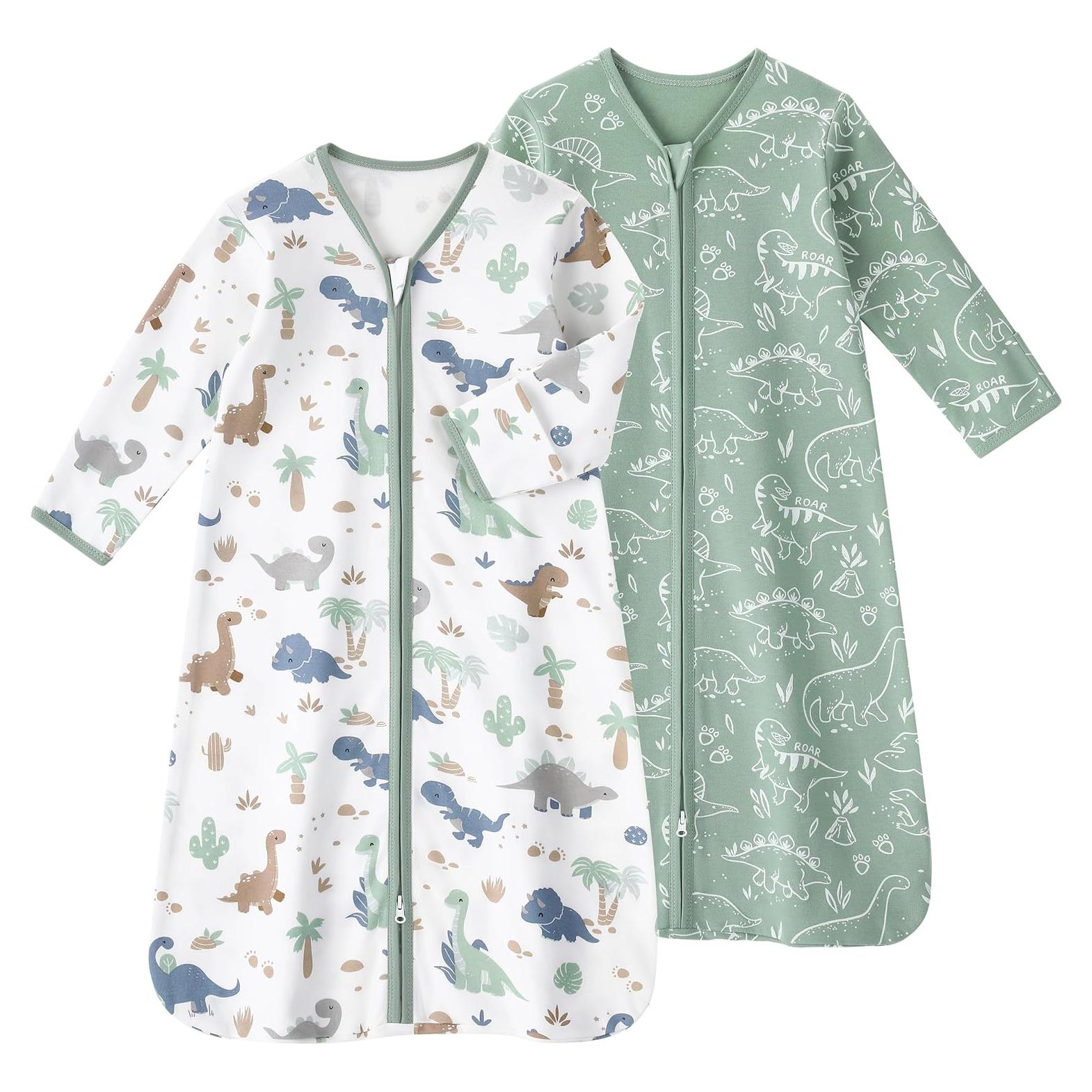 Saco de Sueño para Bebé 6-12 Meses Algodón Dinosaurio Verde 2 Pzs