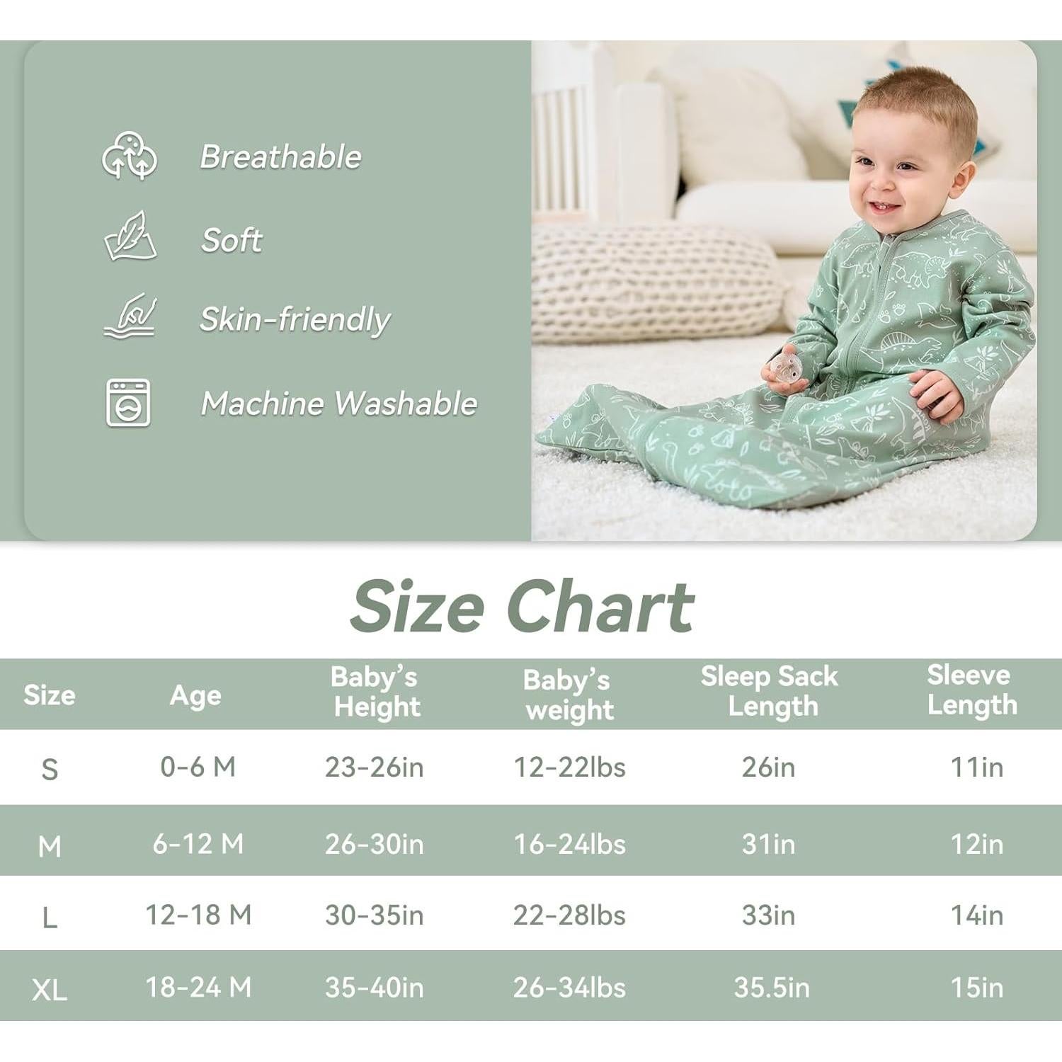 Saco de Sueño para Bebé 6-12 Meses Algodón Dinosaurio Verde 2 Pzs