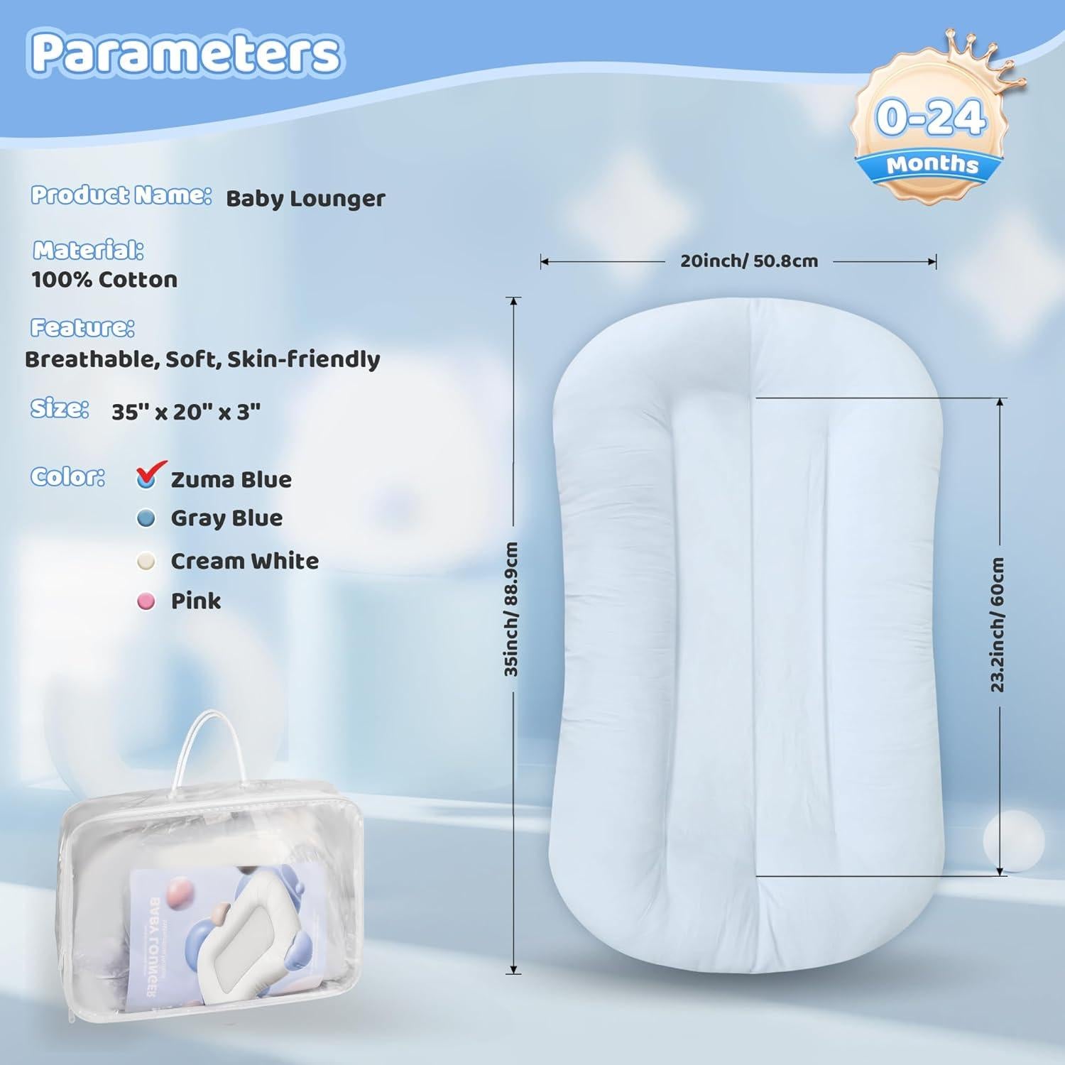 Cuna Nido para Bebés Zuma Azul - Algodón Suave, 0-24 Meses