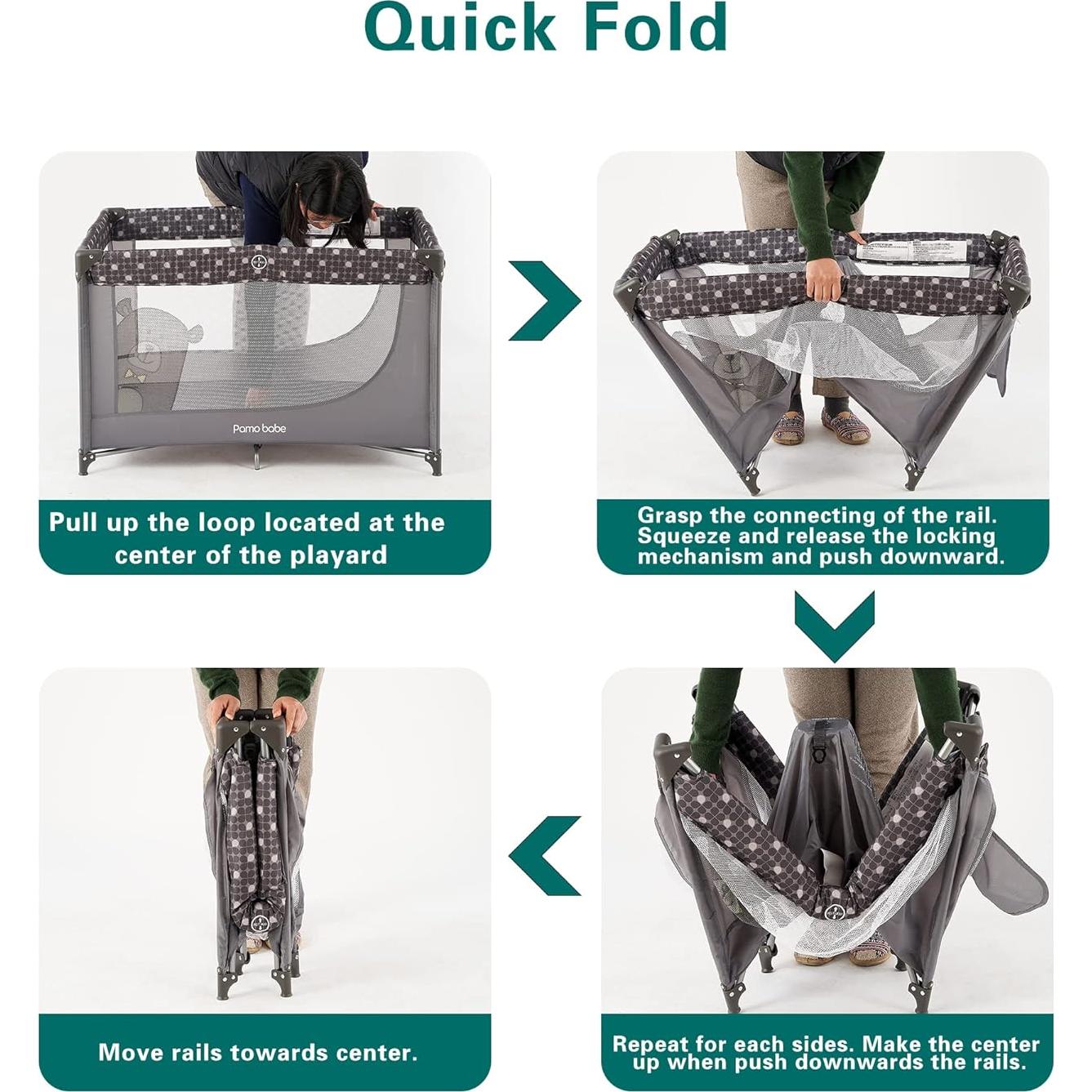 Cuna portátil Pamo Babe gris con colchón y bolsa de transporte